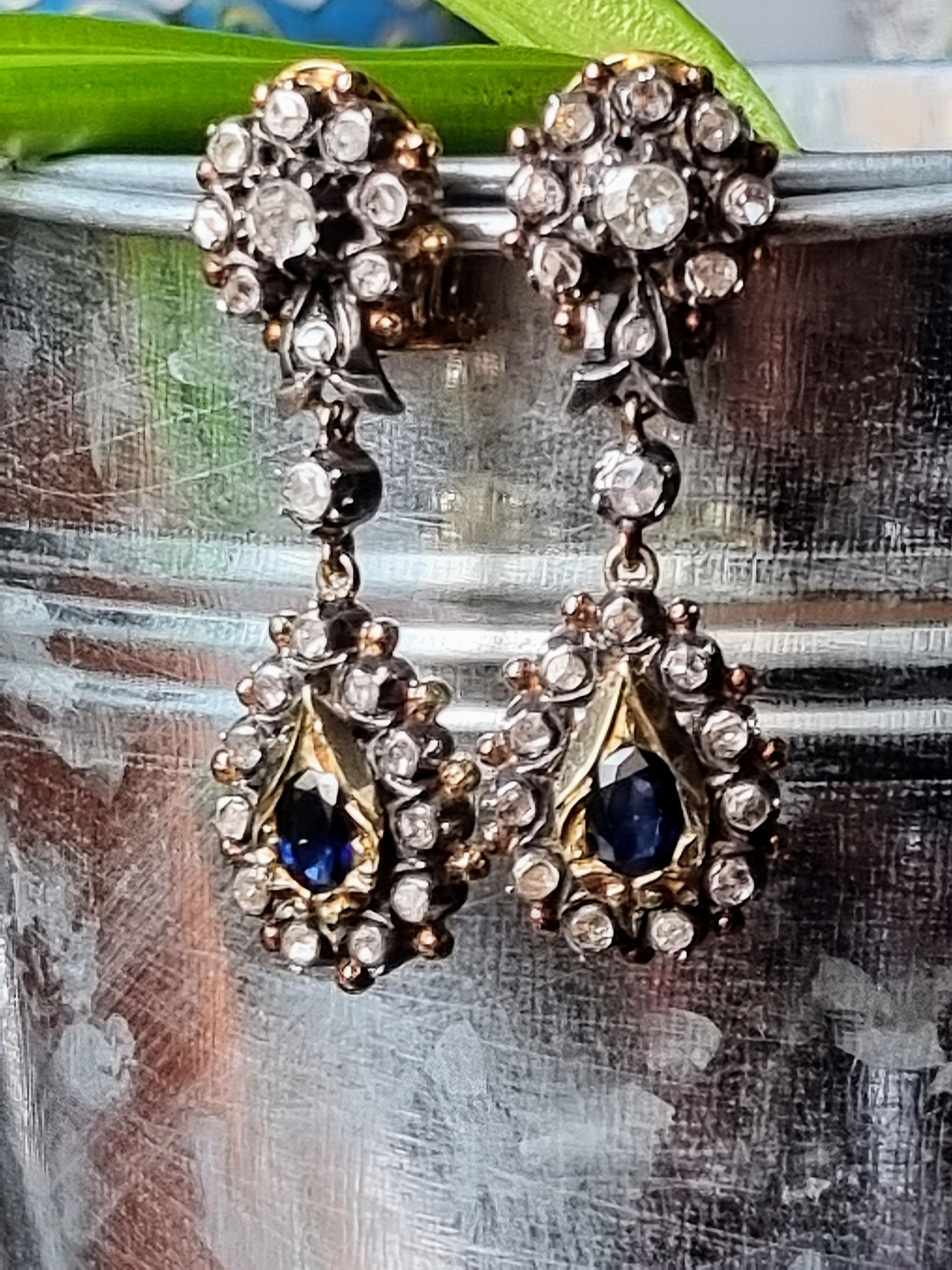 Spain Blue Sapphire and Diamond Cluster Drop Earrings  