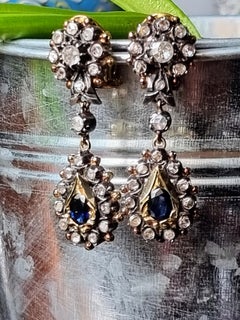 Spain Blue Sapphire and Diamond Cluster Drop Earrings  "Isabelino" Ca. 1830´s