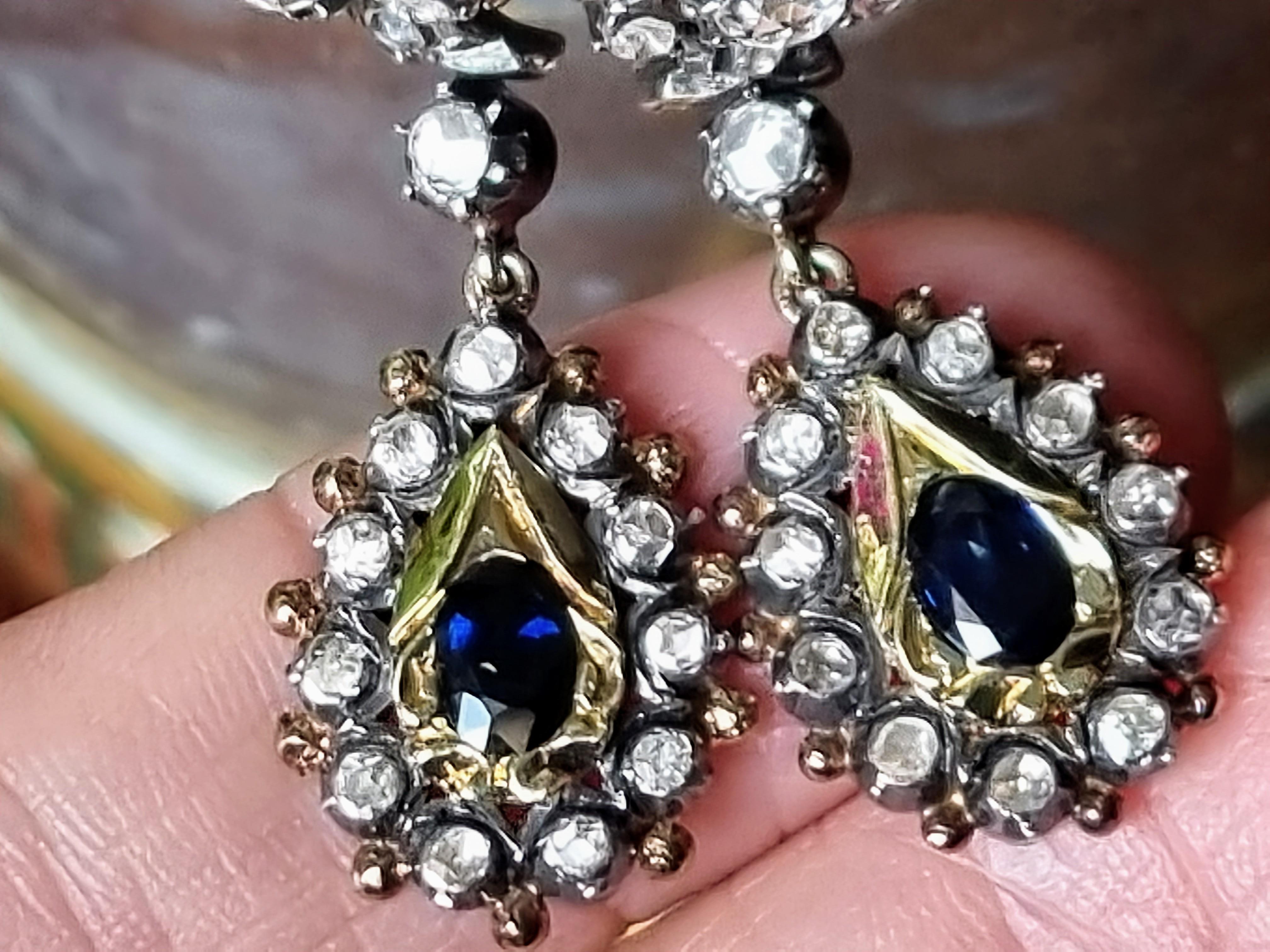 Oval Cut Spain Blue Sapphire and Diamond Cluster Drop Earrings  