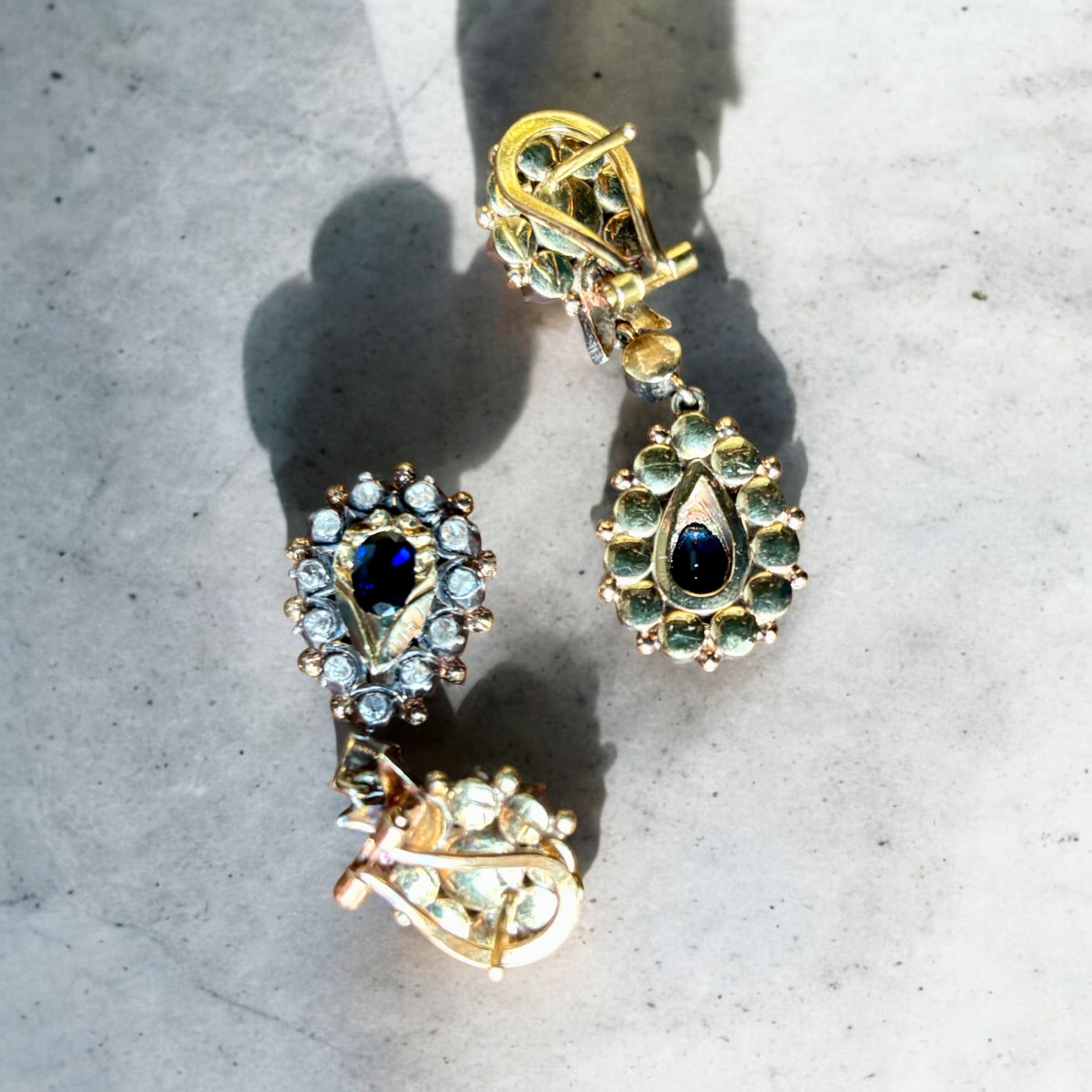 Spain Blue Sapphire and Diamond Cluster Drop Earrings  