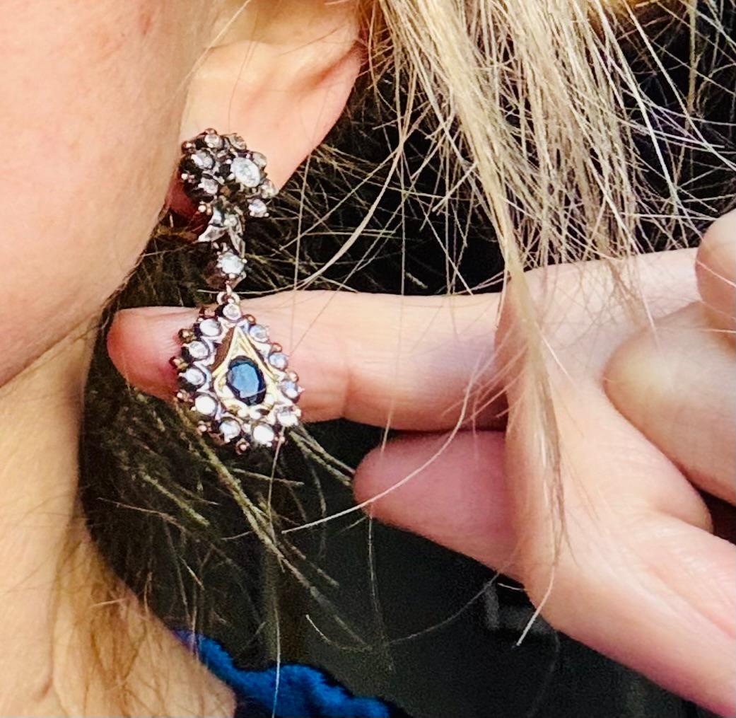 Spain Blue Sapphire and Diamond Cluster Drop Earrings  