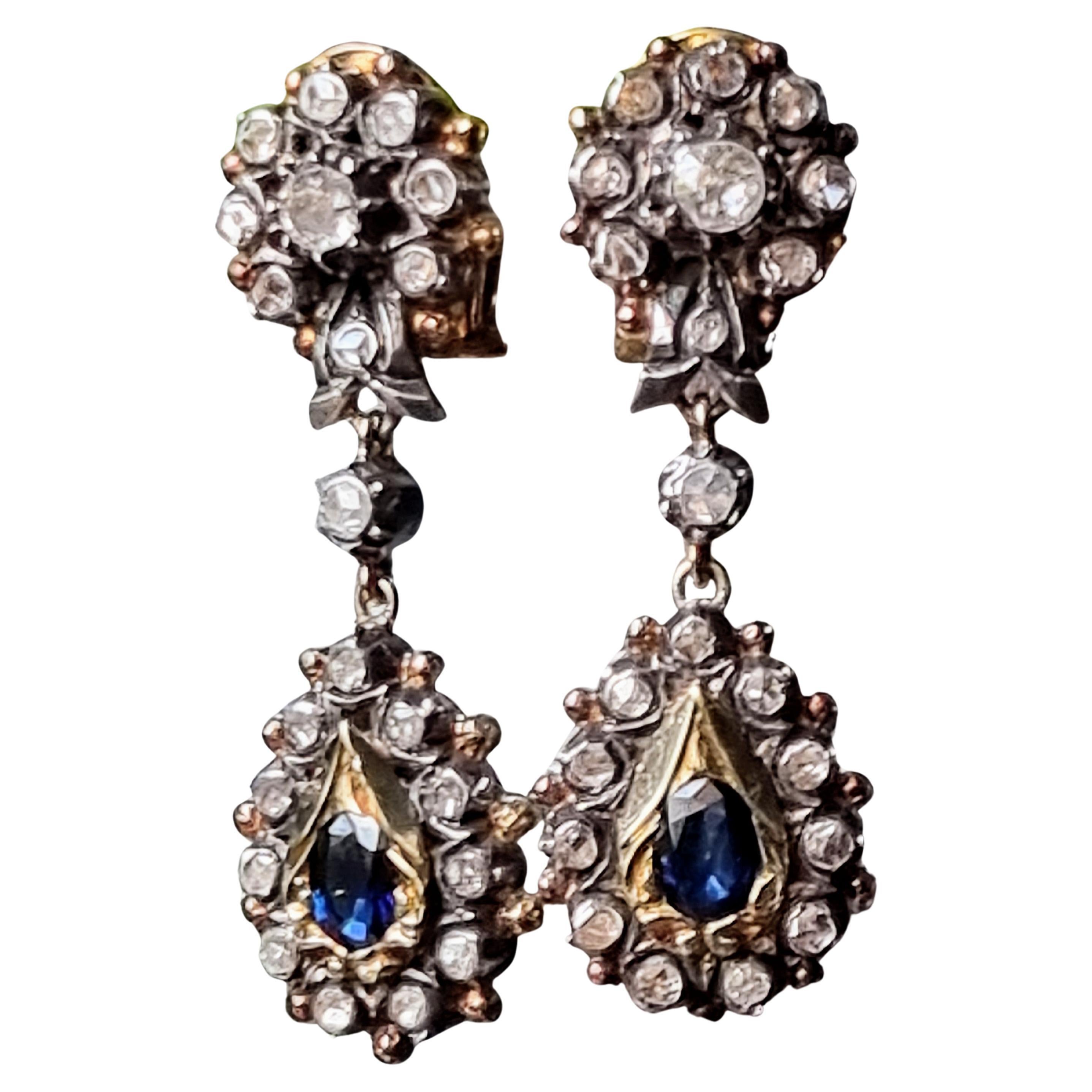 Spain Blue Sapphire and Diamond Cluster Drop Earrings  "Isabelino" Ca. 1830´s