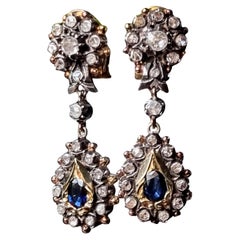 Spain Blue Sapphire and Diamond Cluster Drop Earrings  "Isabelino" Ca. 1830´s