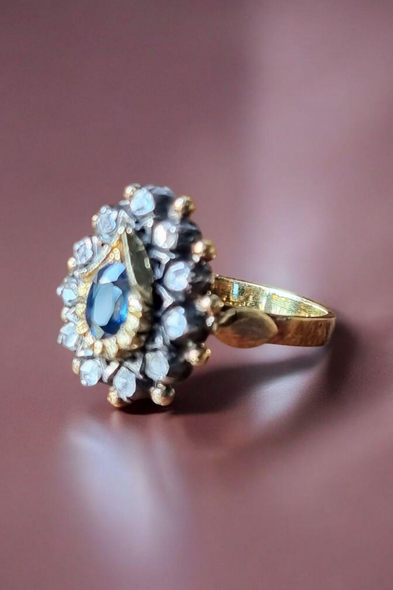 Spain Blue Sapphire and Diamond Cluster Ring 