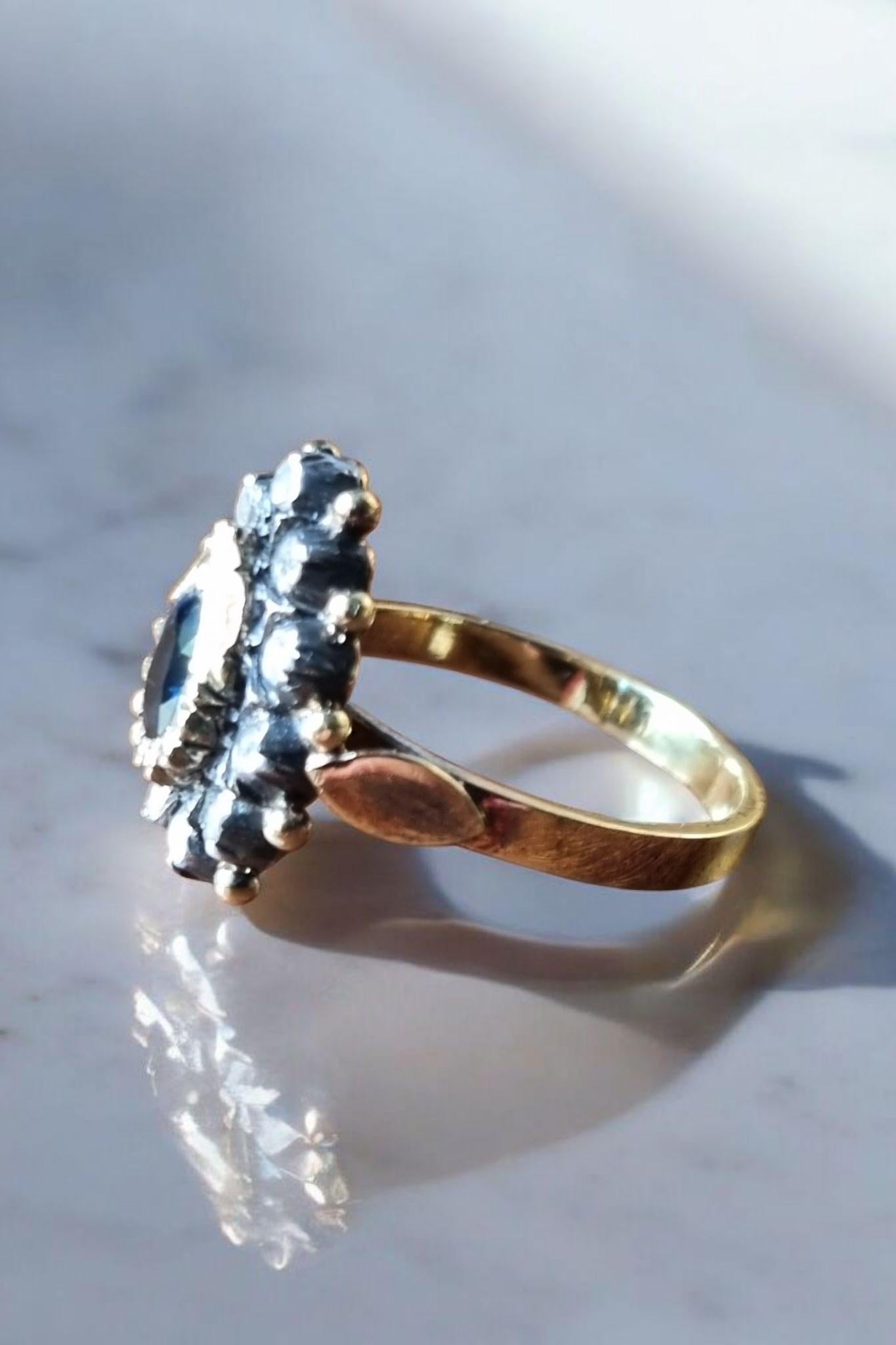 Spain Blue Sapphire and Diamond Cluster Ring 