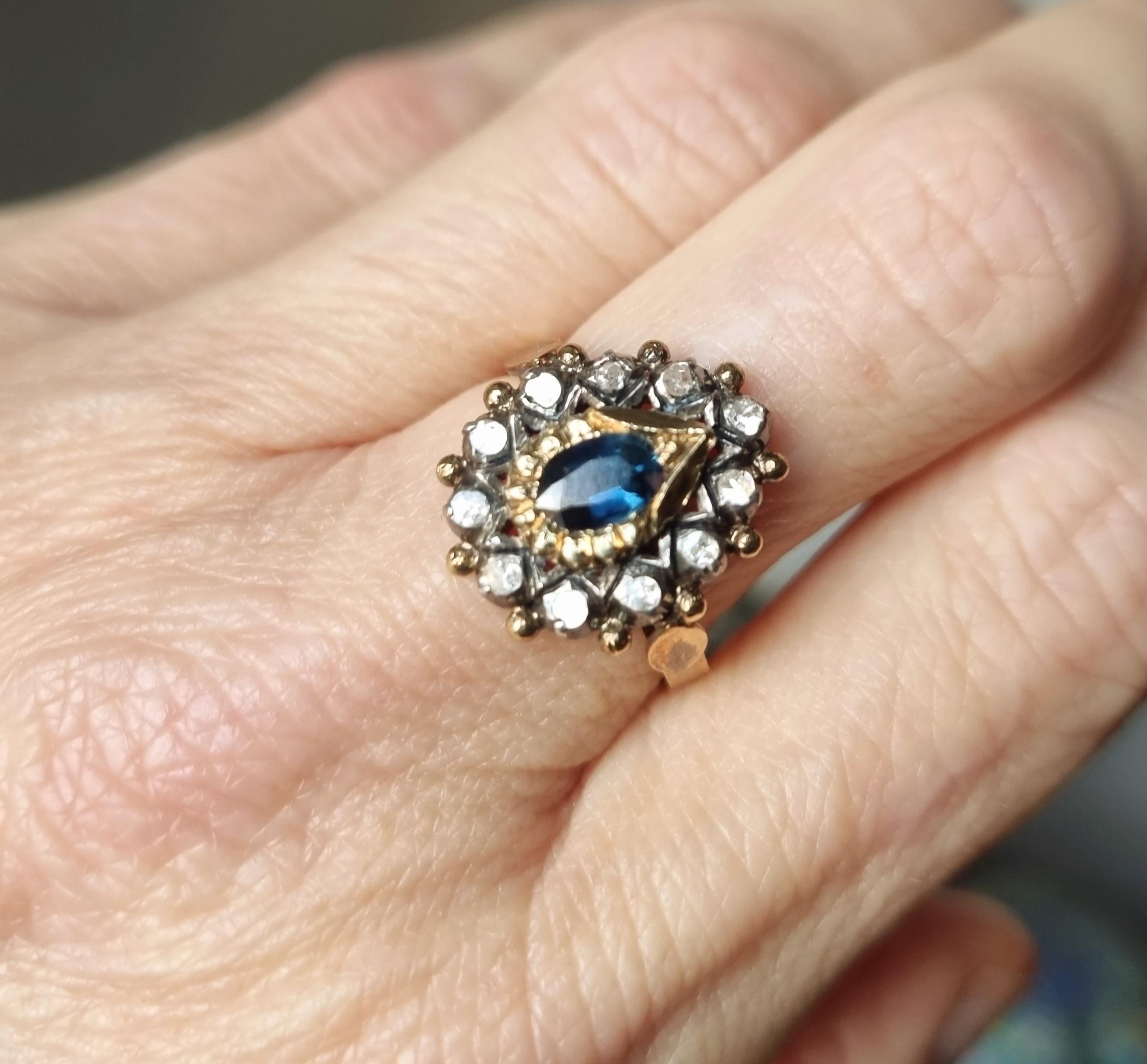 Spain Blue Sapphire and Diamond Cluster Ring 