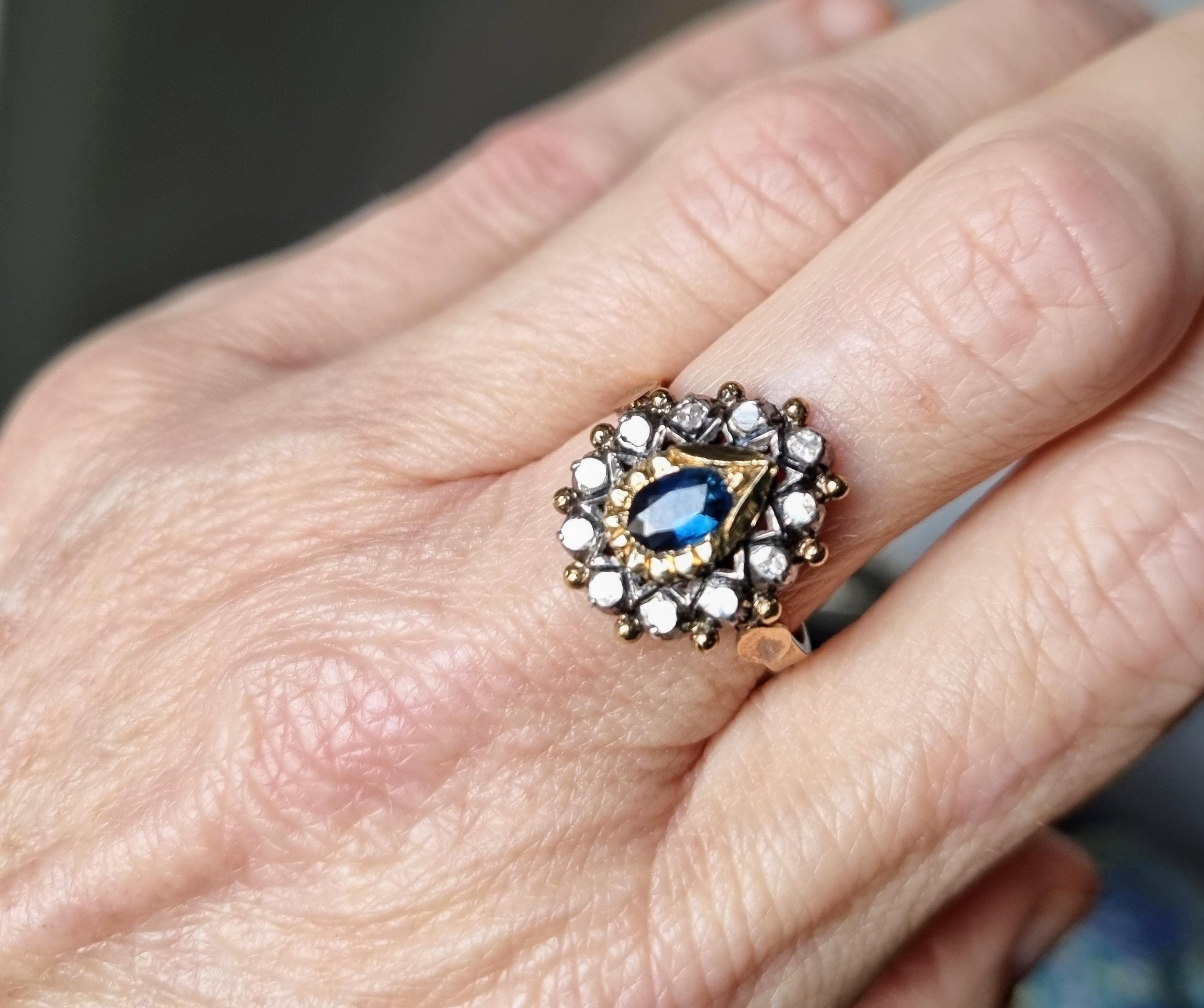 Spain Blue Sapphire and Diamond Cluster Ring 