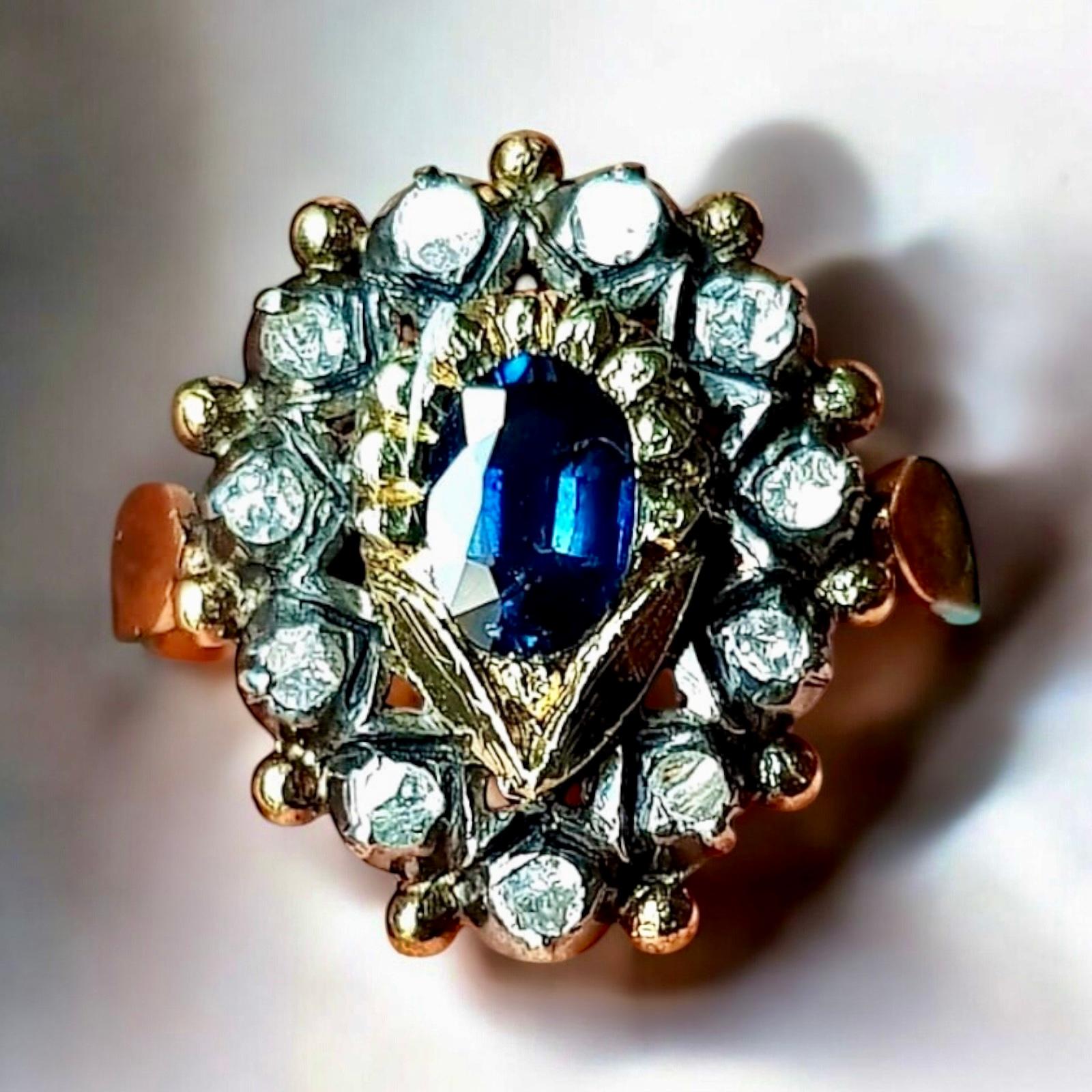 Early Victorian Spain Blue Sapphire and Diamond Cluster Ring 