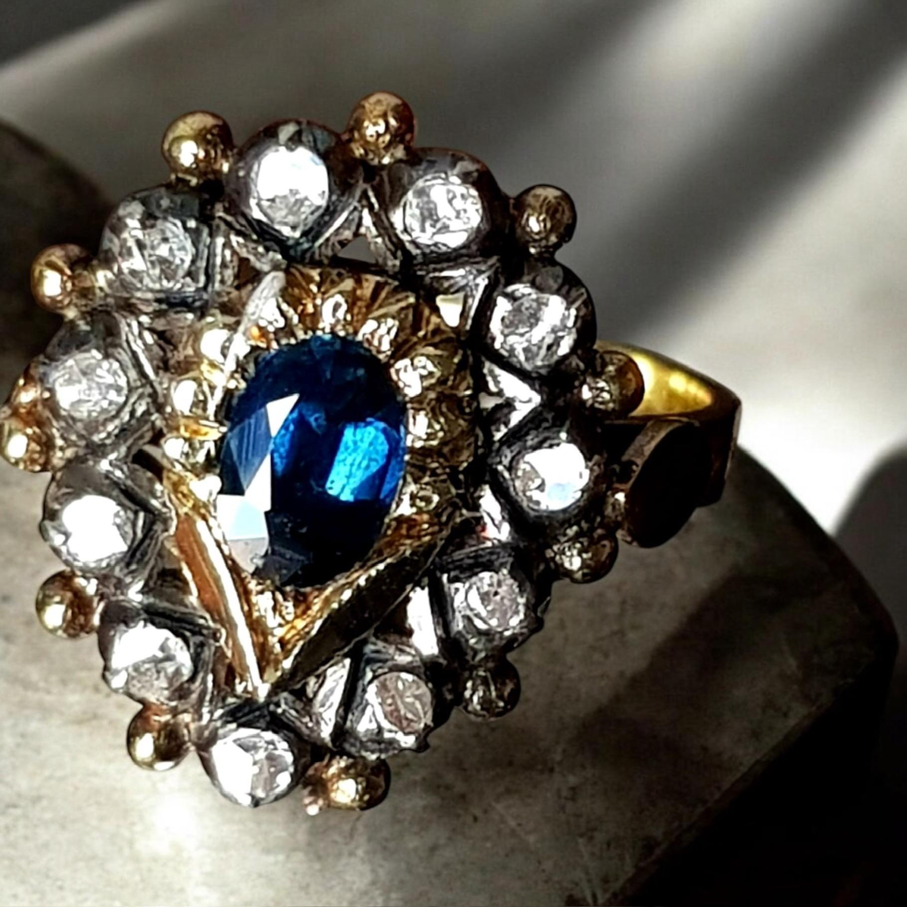 Oval Cut Spain Blue Sapphire and Diamond Cluster Ring 