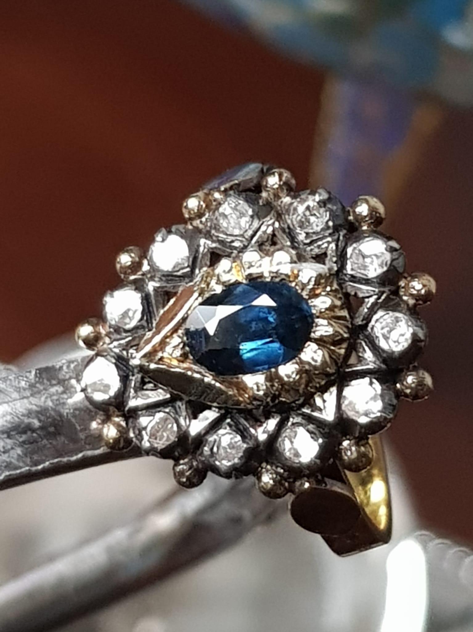 Spain Blue Sapphire and Diamond Cluster Ring 