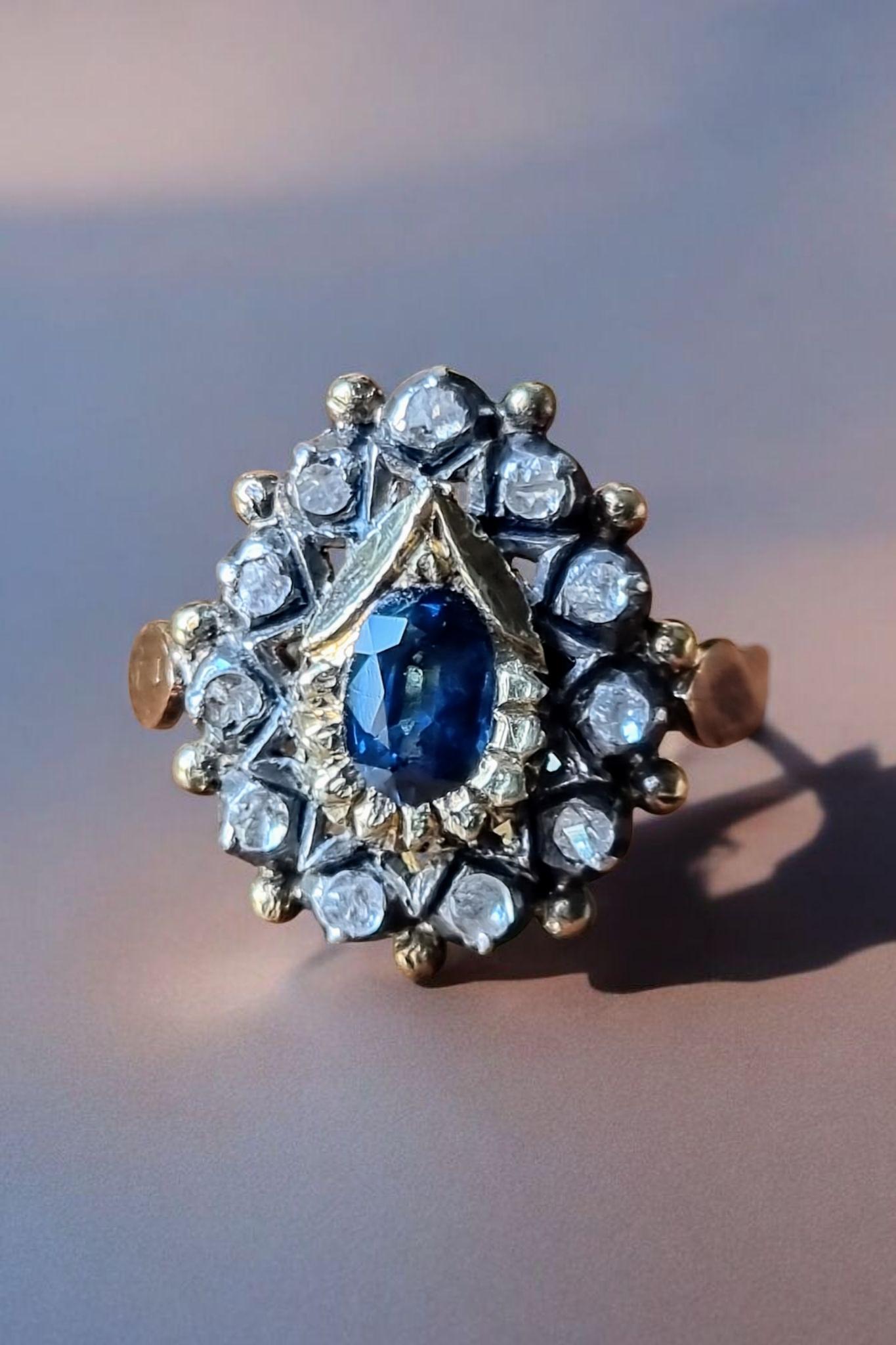 Spain Blue Sapphire and Diamond Cluster Ring 