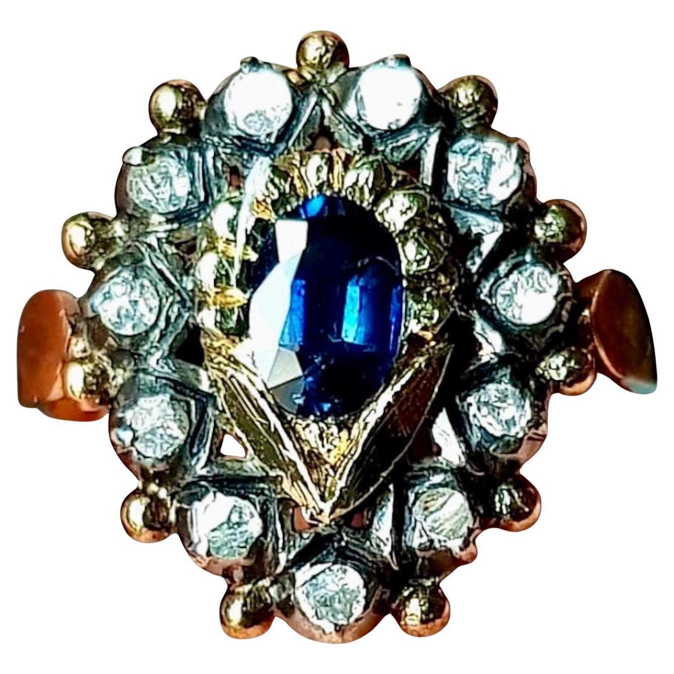 Spain Blue Sapphire and Diamond Cluster Ring "Isabelino" Ca. 1830´s For Sale