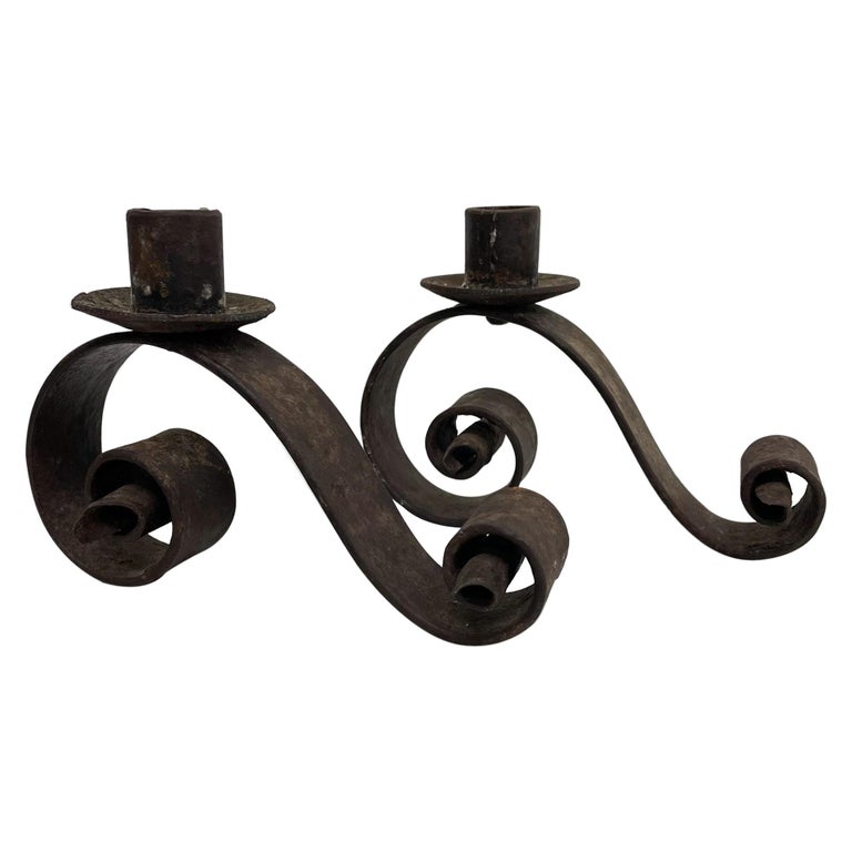 Spain Colonial Rustic Candle Holder Pair in Scrolling Iron 1940s