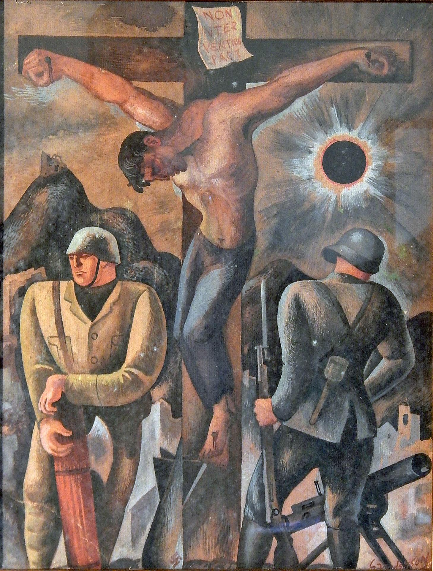 One of the most powerful protest paintings we have ever seen, this remarkable view of a crucified figure representing Spain, surmounted by a placard marked 