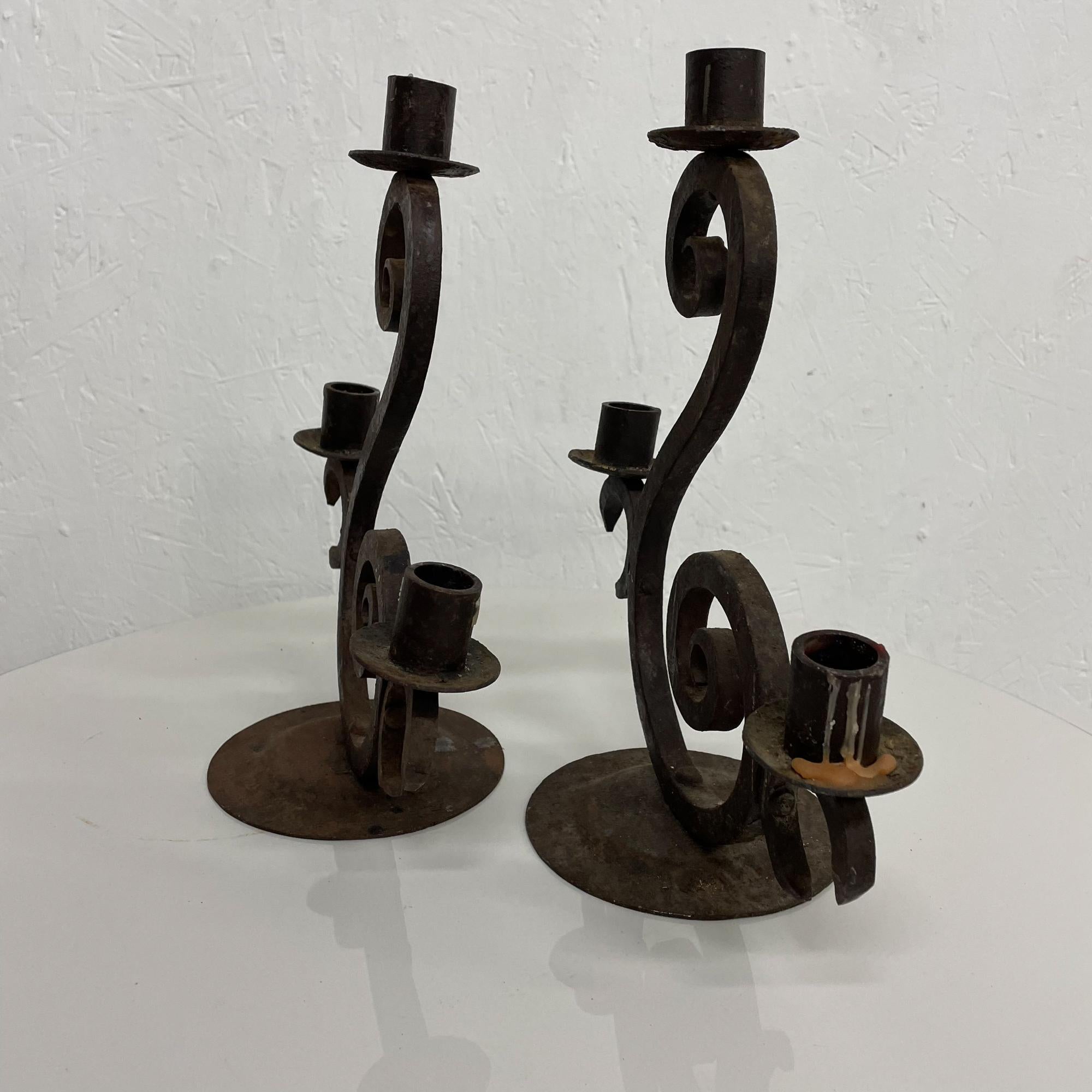 Spanish Spain Forged Iron Candelabra Pair + Three Arm Candle Holders Rustic Scroll 1940s For Sale