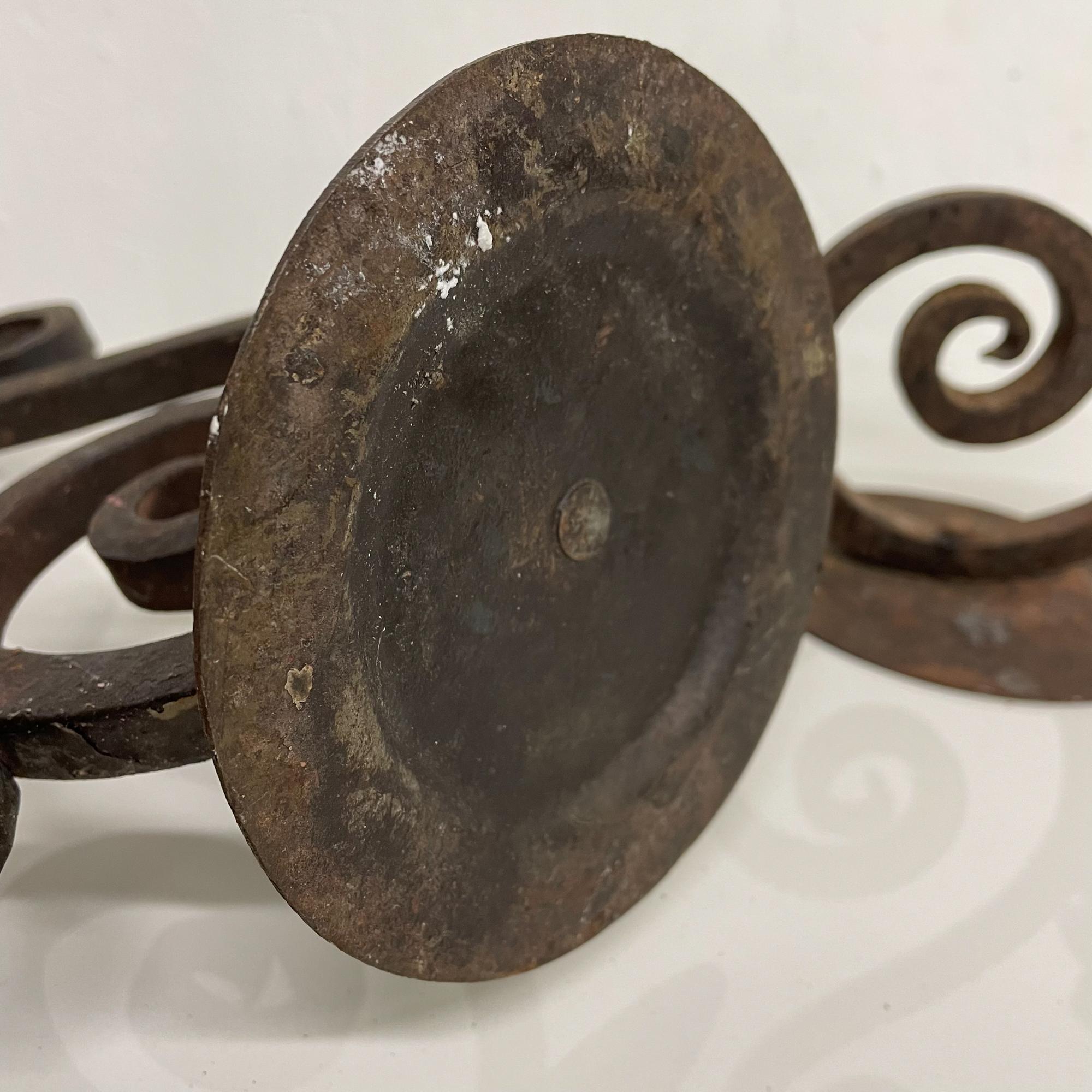 Spain Forged Iron Candelabra Pair + Three Arm Candle Holders Rustic Scroll 1940s In Good Condition For Sale In Chula Vista, CA
