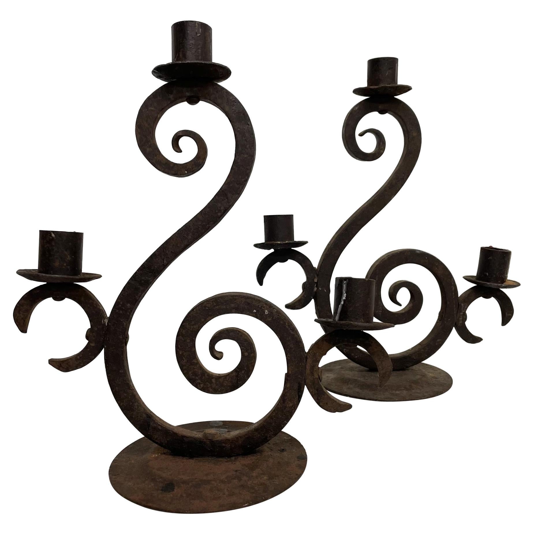 Spain Forged Iron Candelabra Pair + Three Arm Candle Holders Rustic Scroll 1940s For Sale