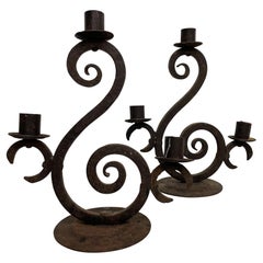 Vintage Spain Forged Iron Candelabra Pair + Three Arm Candle Holders Rustic Scroll 1940s