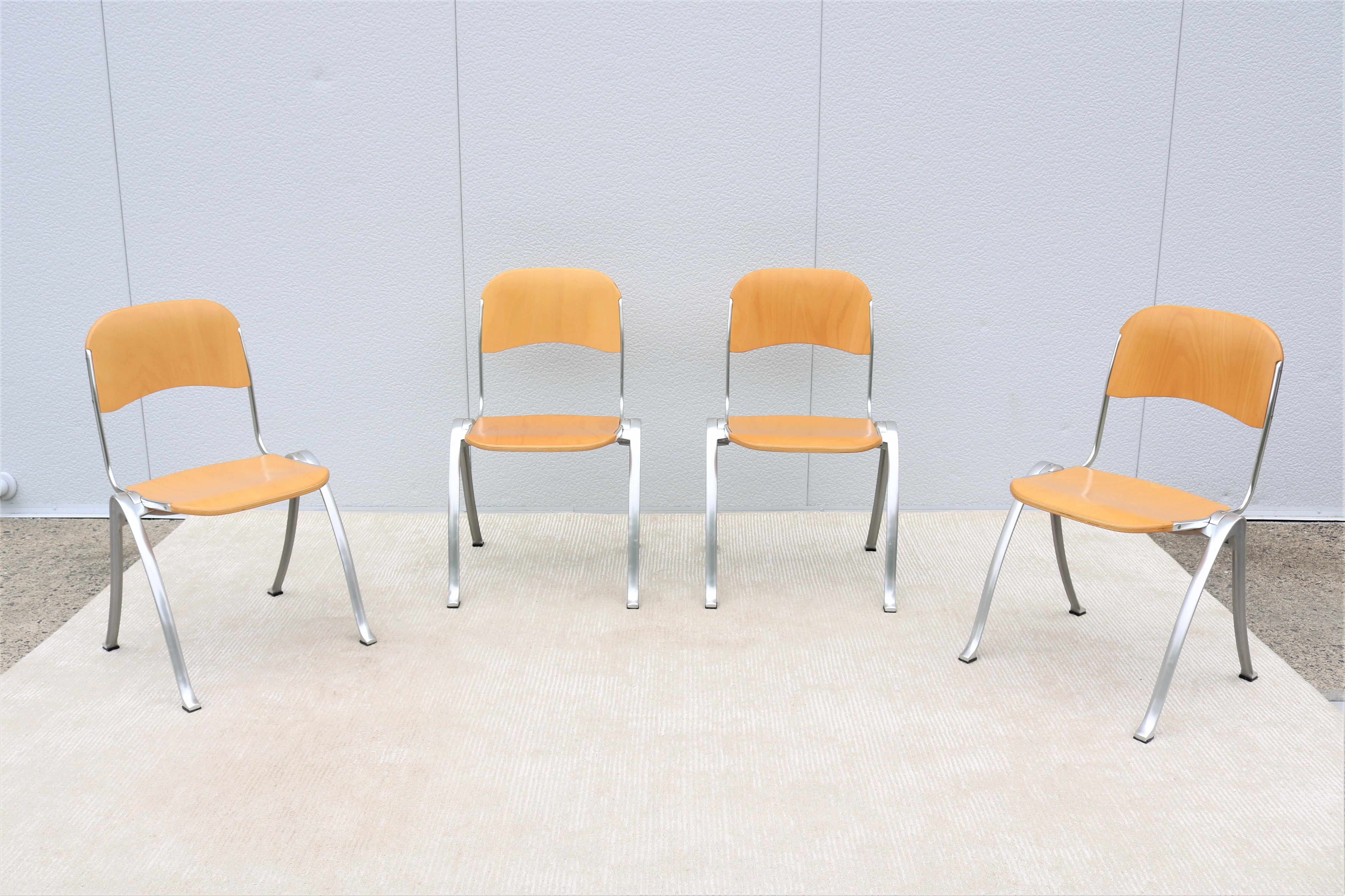 Stunning and classic Mid-Century Modern set of four Joan Casas I Ortinez for Indecasa stacking chairs,
The lightweight design and stacking feature make it the perfect multi-purpose chair,
It's clean look and timeless design will make a confident