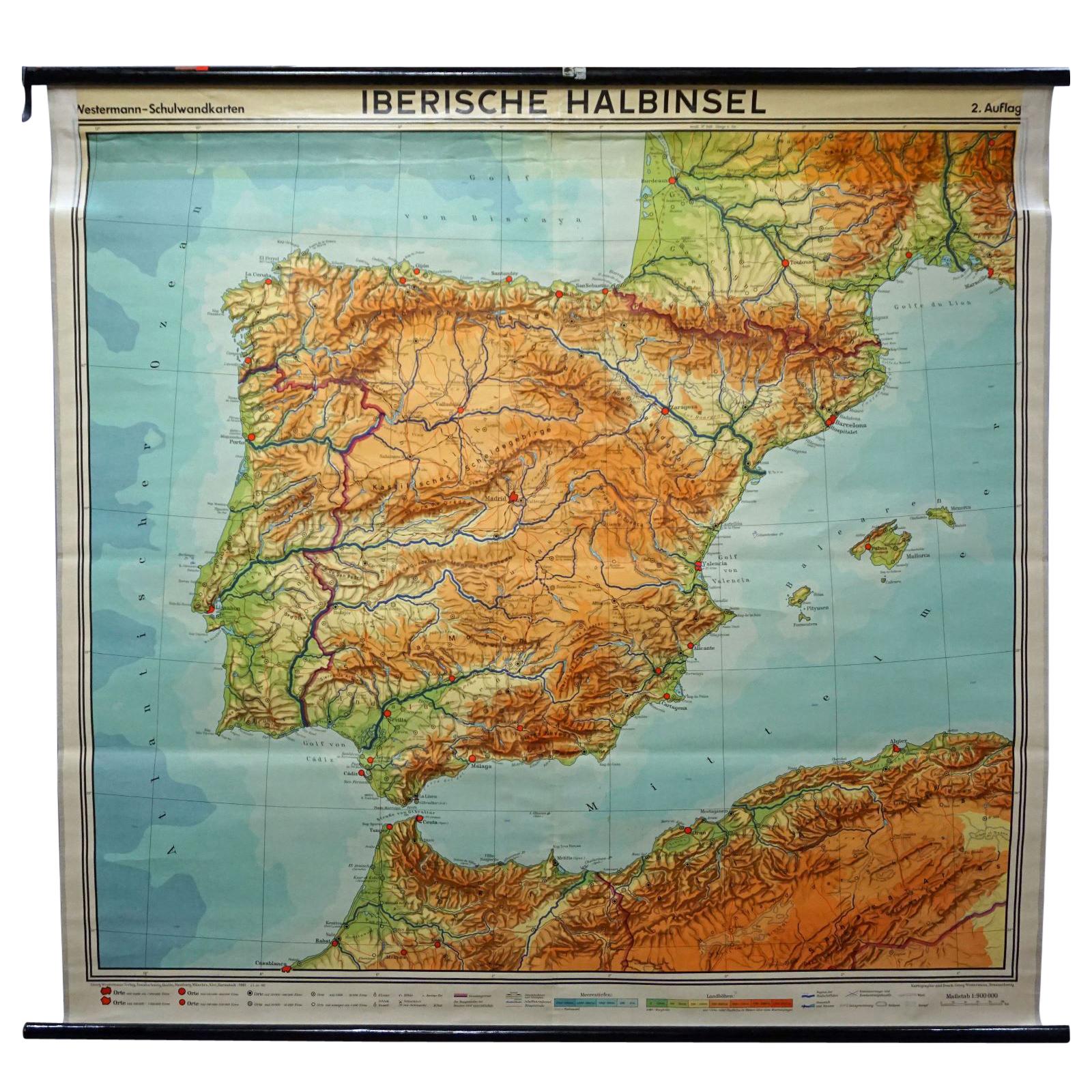 Spain Portugal Iberian Peninsual Map Wall Chart Poster