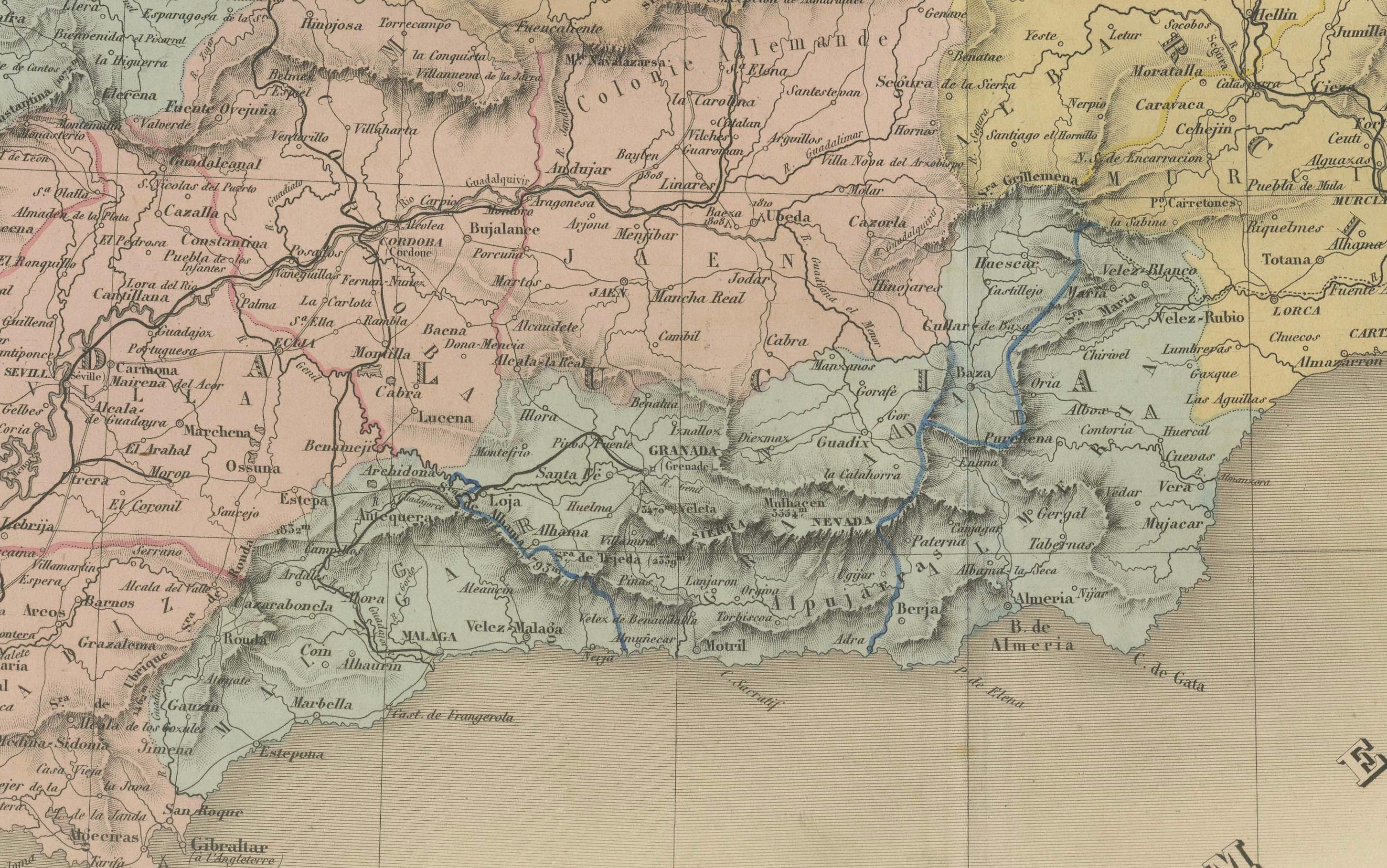 Mapa de España y Portugal - Grabado antiguo de 1867 de Andriveau-Goujon, París Francés en venta