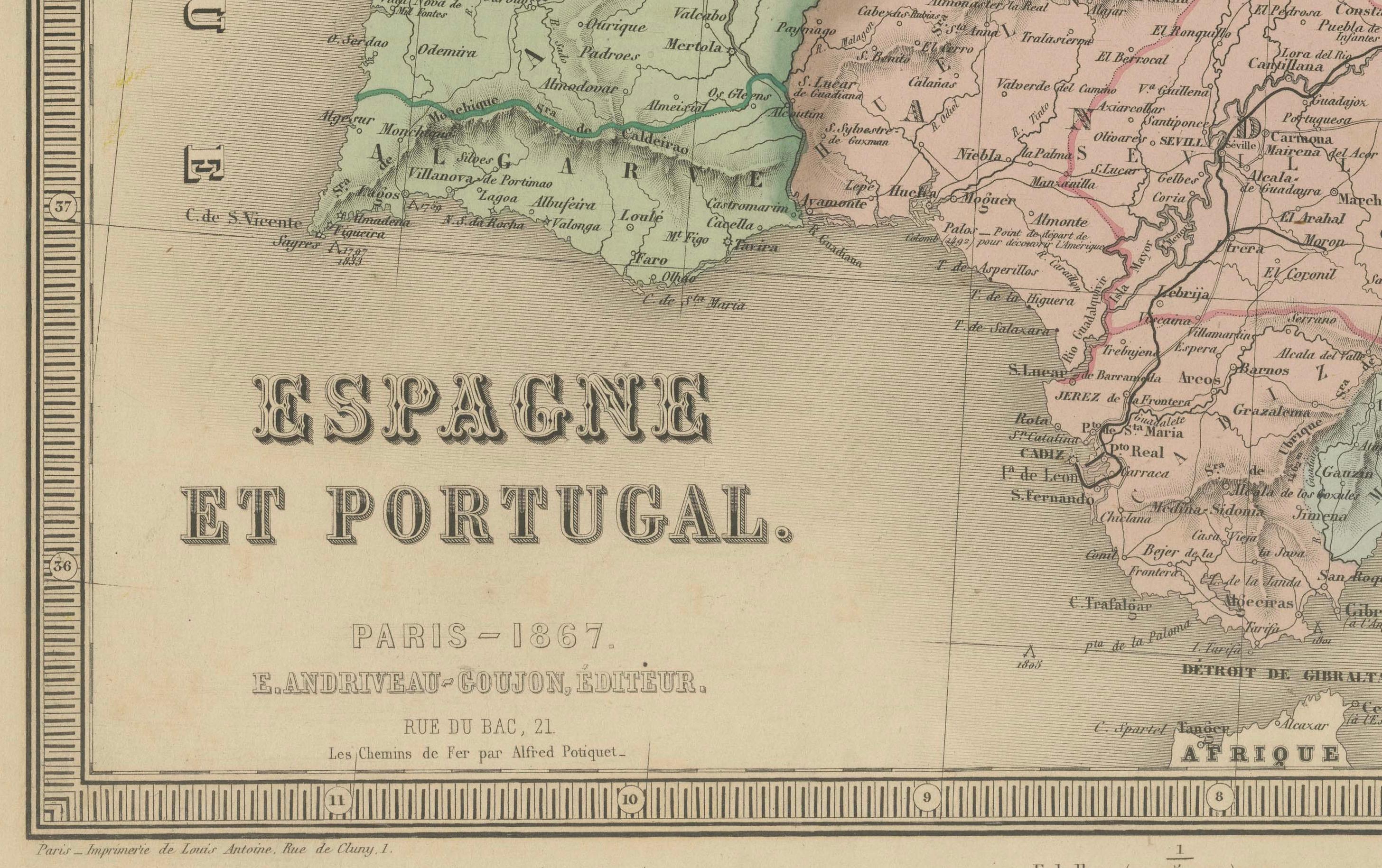 Mapa de España y Portugal - Grabado antiguo de 1867 de Andriveau-Goujon, París en Bueno estado para la venta en Langweer, NL