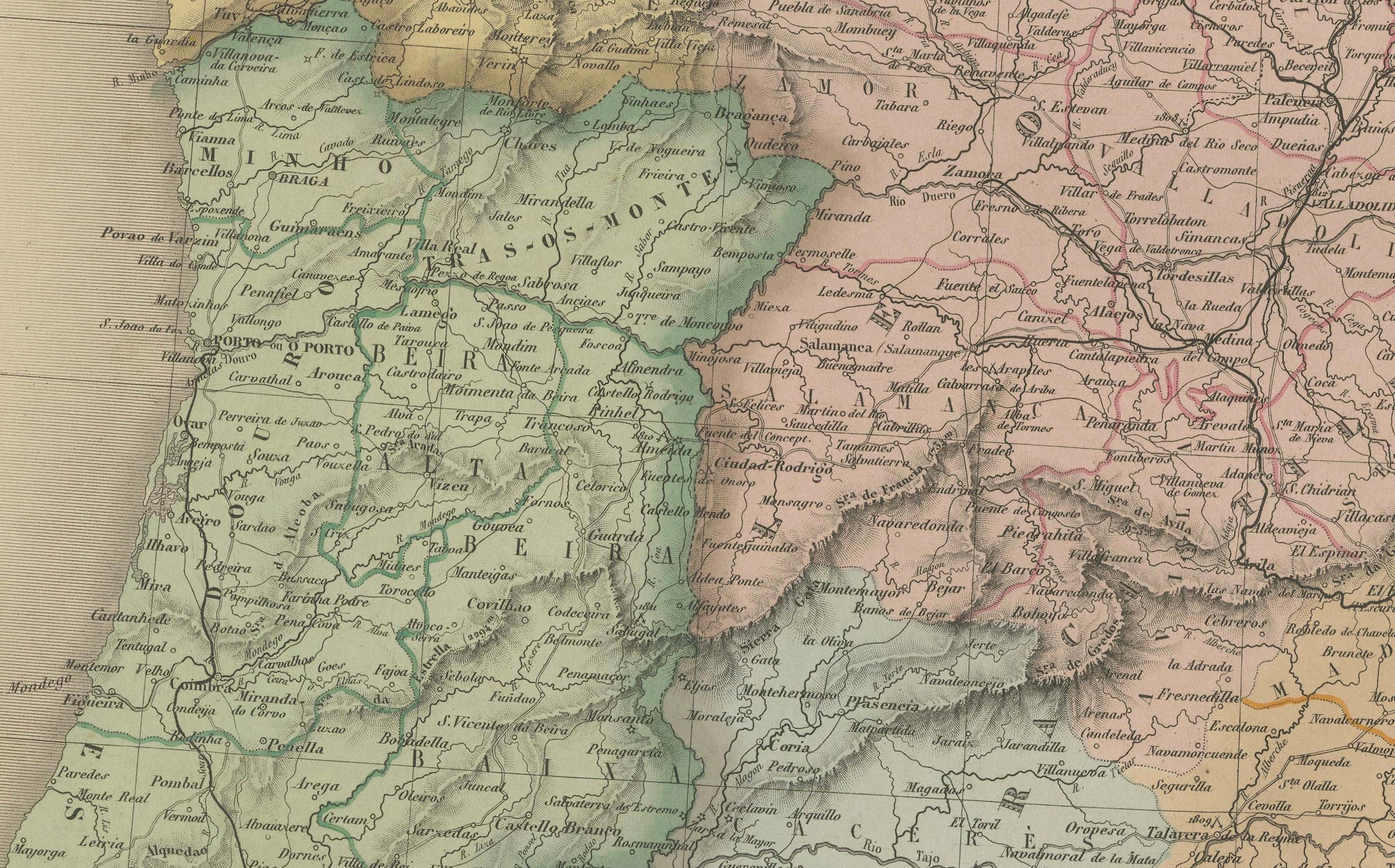 Mapa de España y Portugal - Grabado antiguo de 1867 de Andriveau-Goujon, París siglo XIX en venta