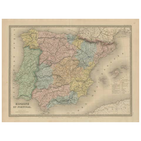 Spain & Portugal Map – Antique 1867 Engraving by Andriveau-Goujon, Paris