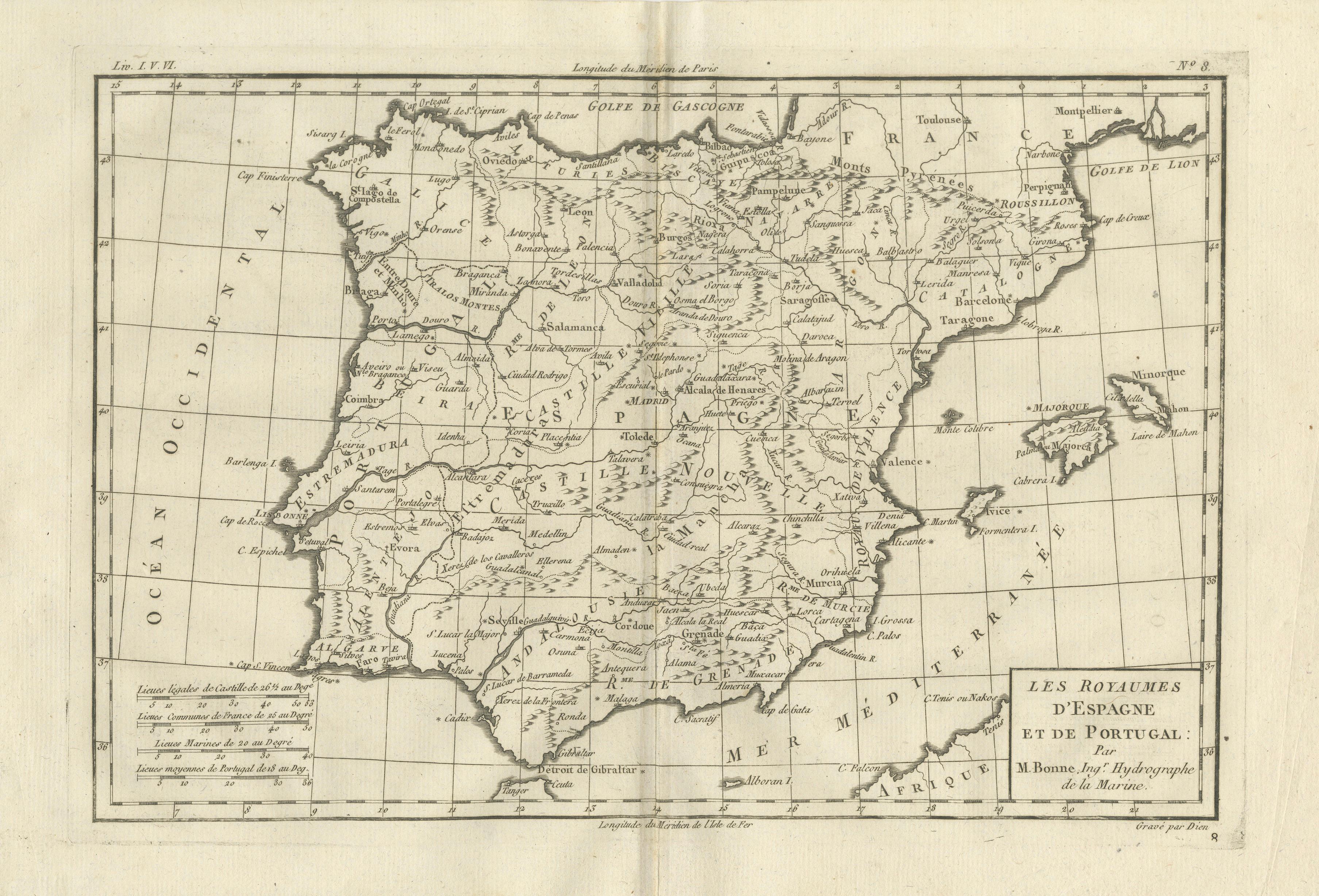 Spain & Portugal Map – Iberian Peninsula by Bonne c.1780