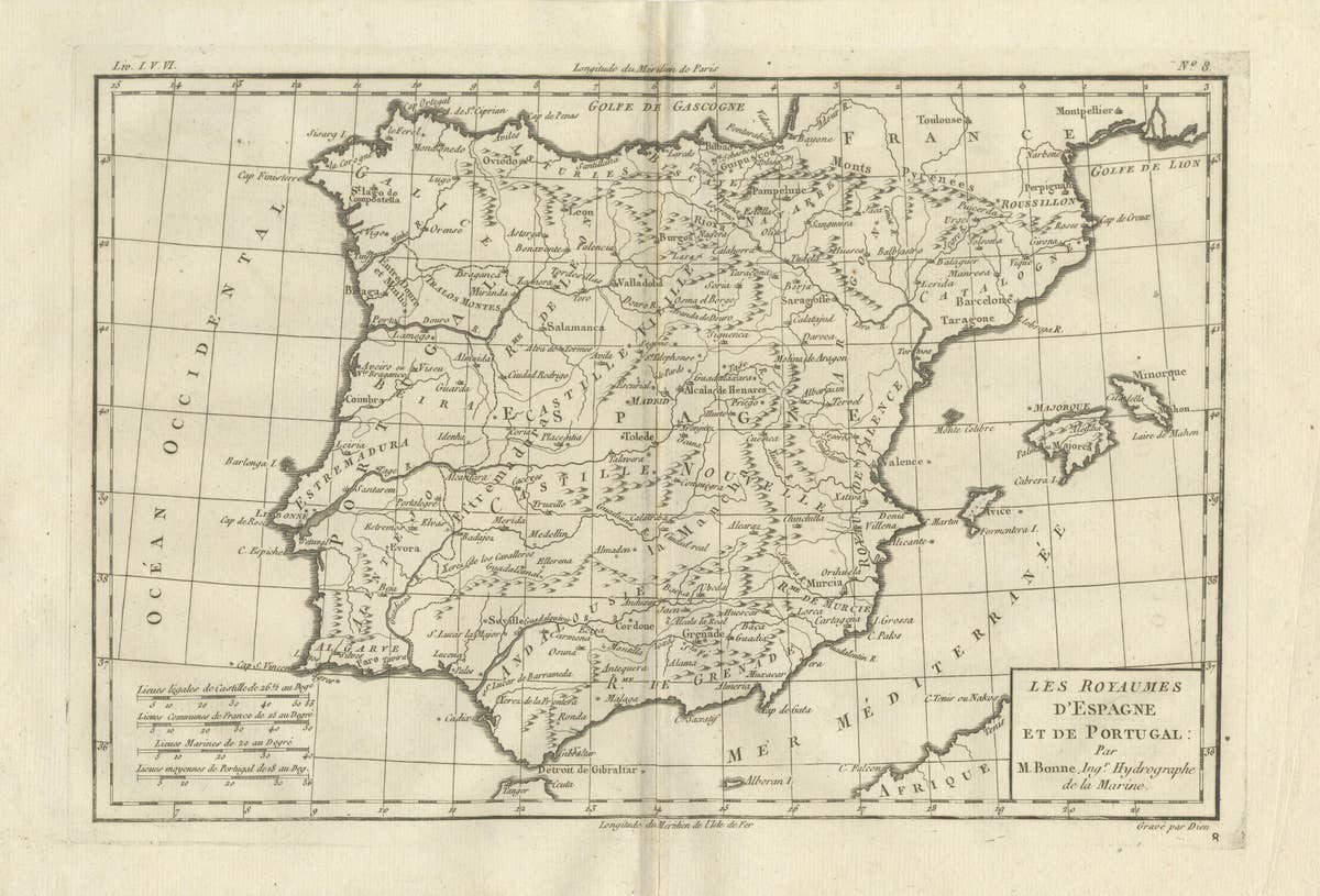 Spain & Portugal Map – Iberian Peninsula by Bonne c.1780