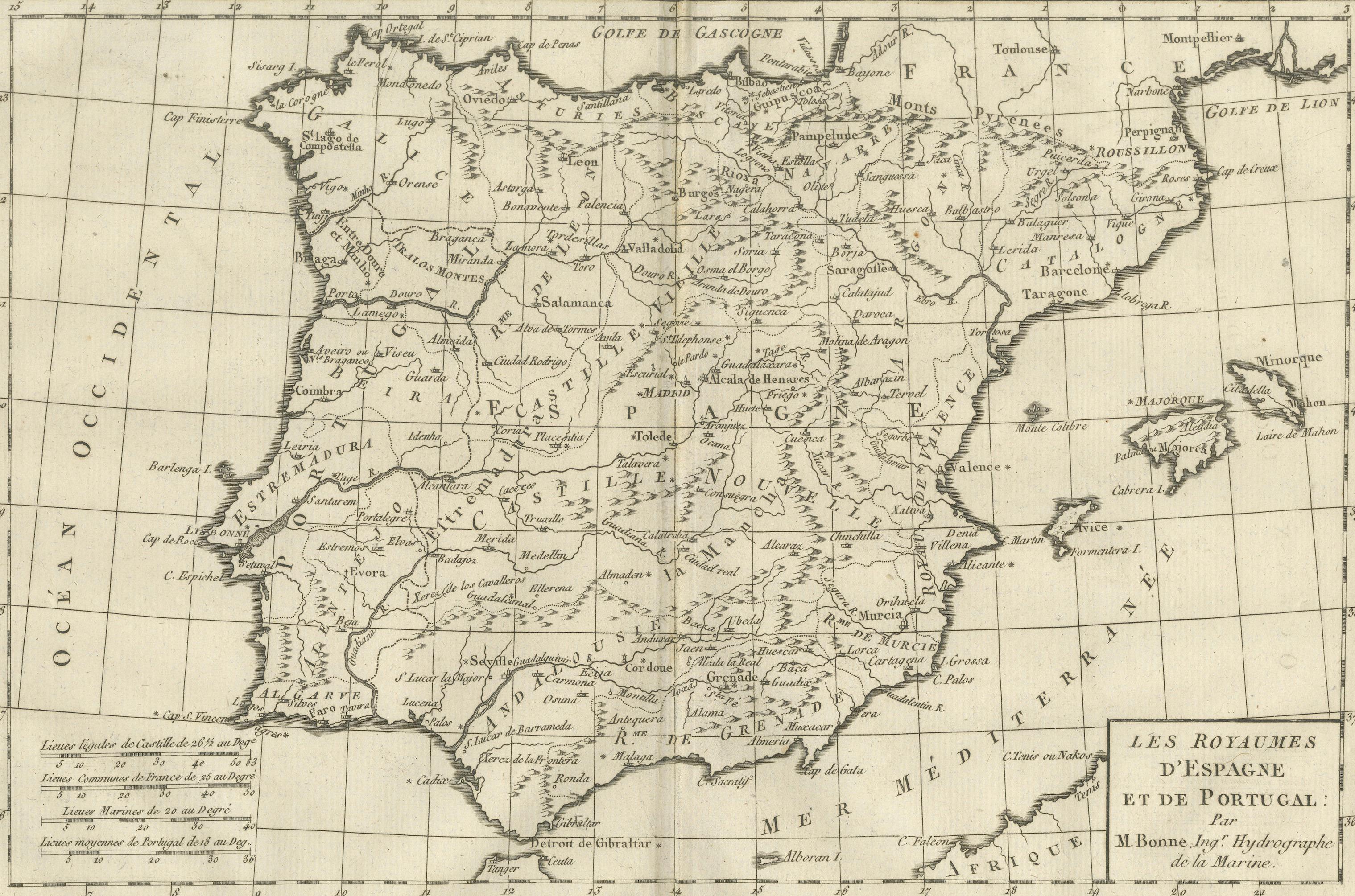 Spain & Portugal Map – Iberian Peninsula by Bonne c.1780