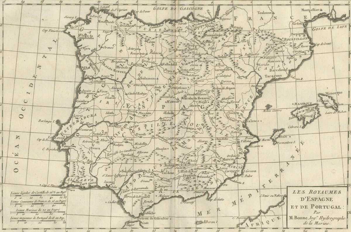 Spain & Portugal Map – Iberian Peninsula by Bonne c.1780