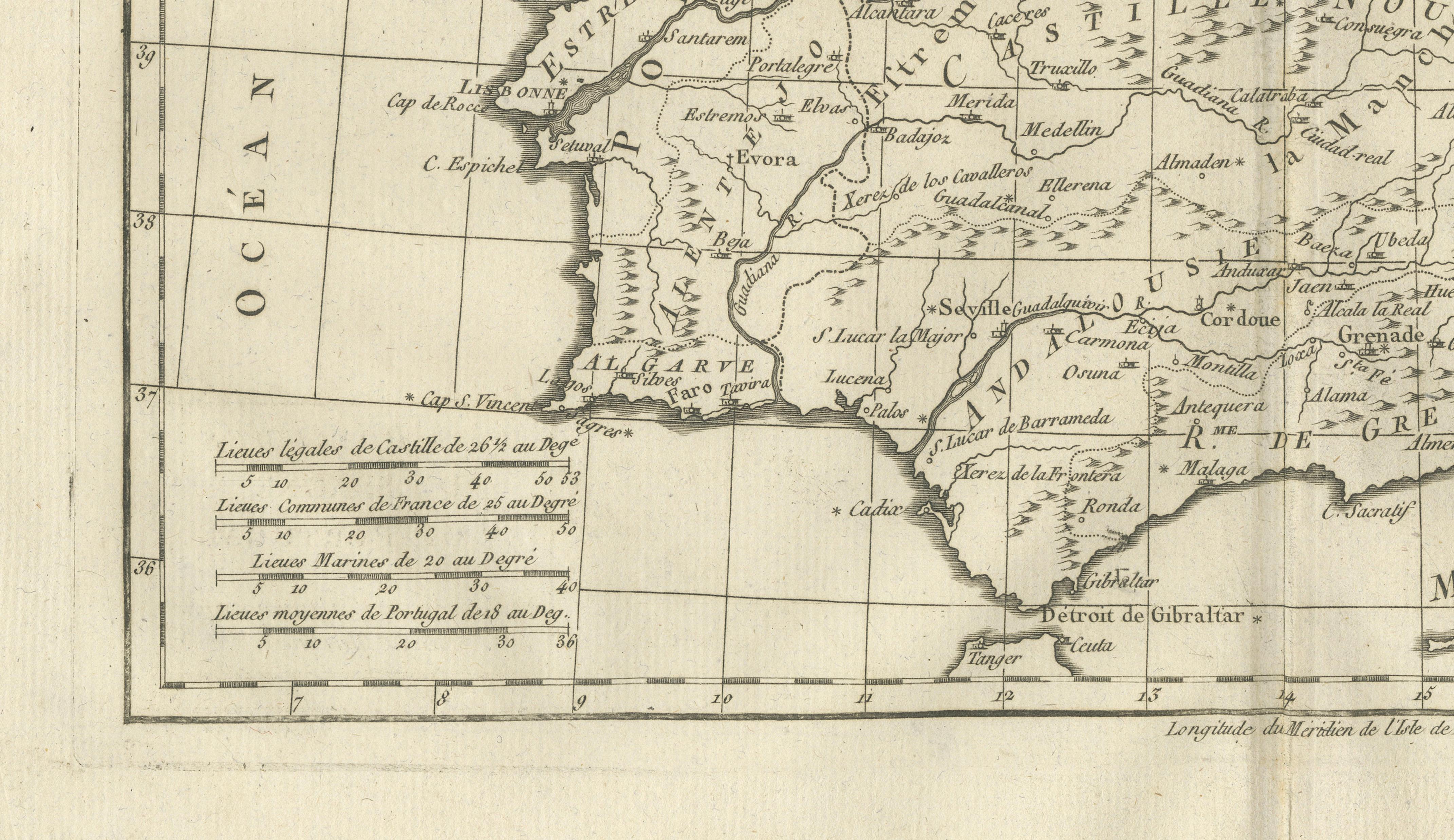 Spain & Portugal Map – Iberian Peninsula by Bonne c.1780