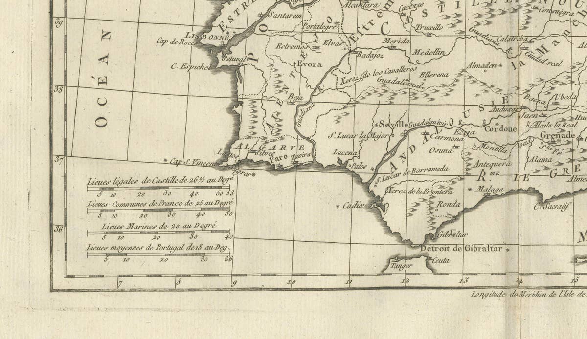 Spain & Portugal Map – Iberian Peninsula by Bonne c.1780