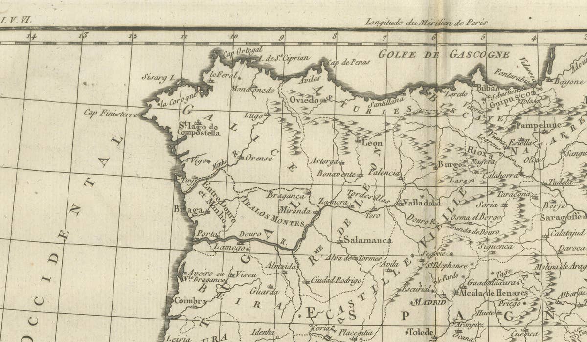 Spain & Portugal Map – Iberian Peninsula by Bonne c.1780
