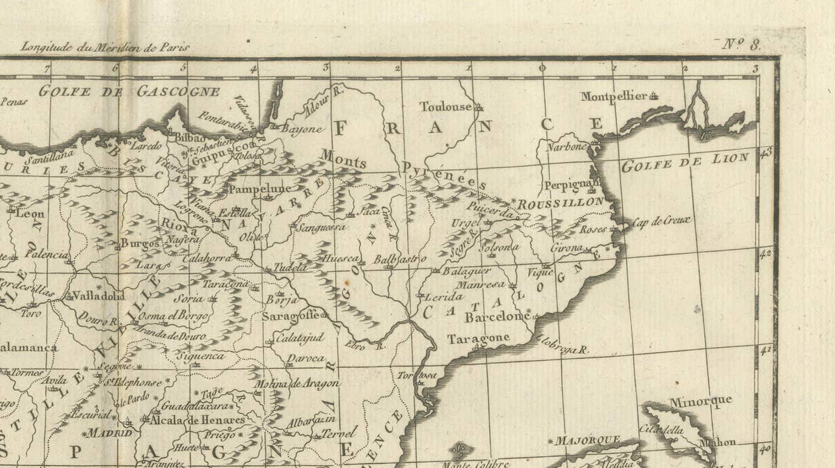 Spain & Portugal Map – Iberian Peninsula by Bonne c.1780