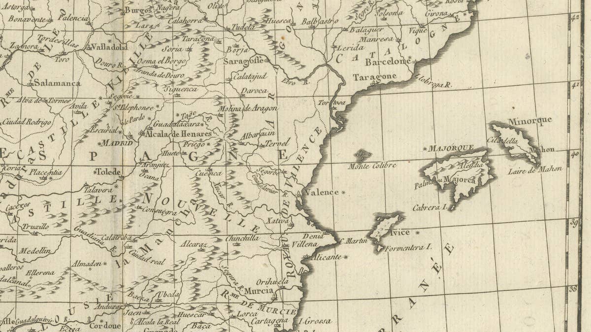 Spain & Portugal Map – Iberian Peninsula by Bonne c.1780