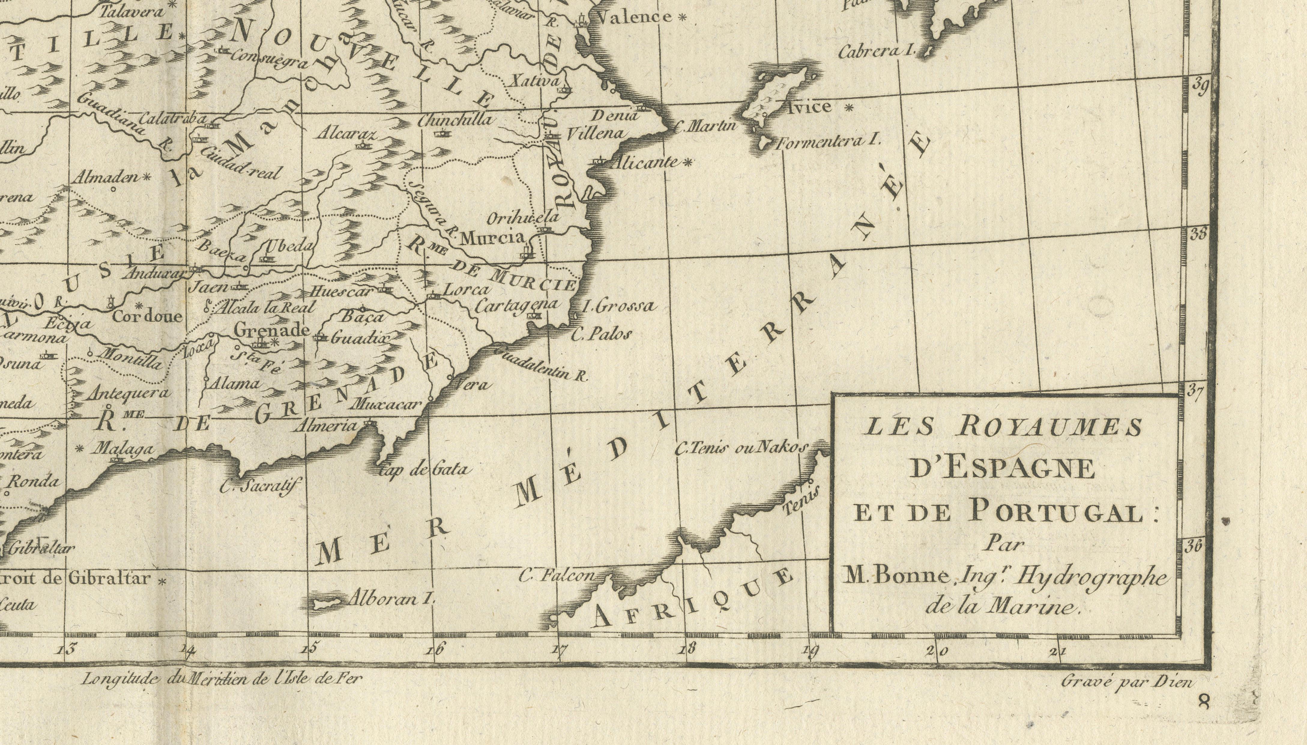 Spain & Portugal Map – Iberian Peninsula by Bonne c.1780