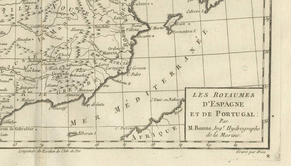 Spain & Portugal Map – Iberian Peninsula by Bonne c.1780