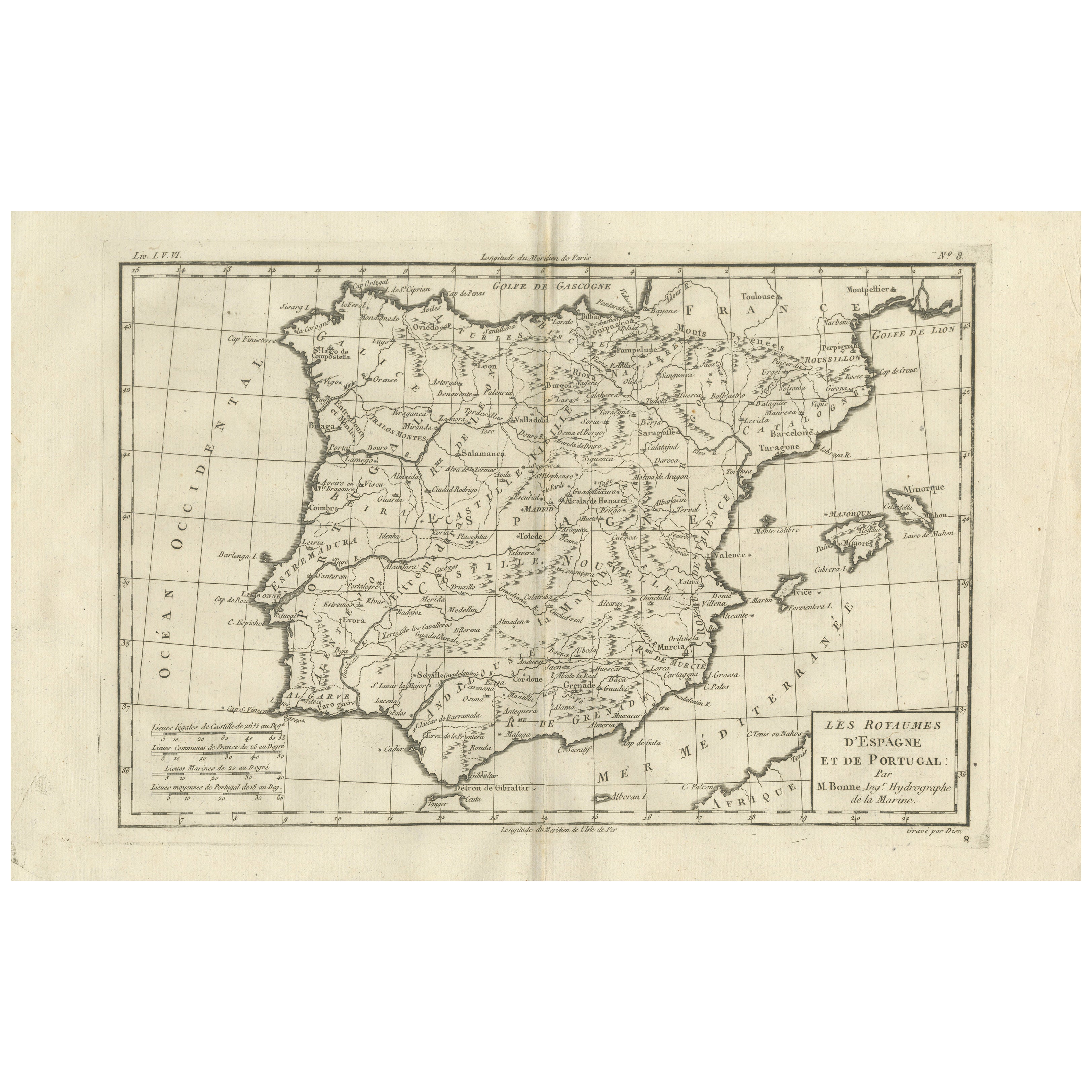 Spain 
Portugal Map – Iberian Peninsula by Bonne c.1780 For Sale