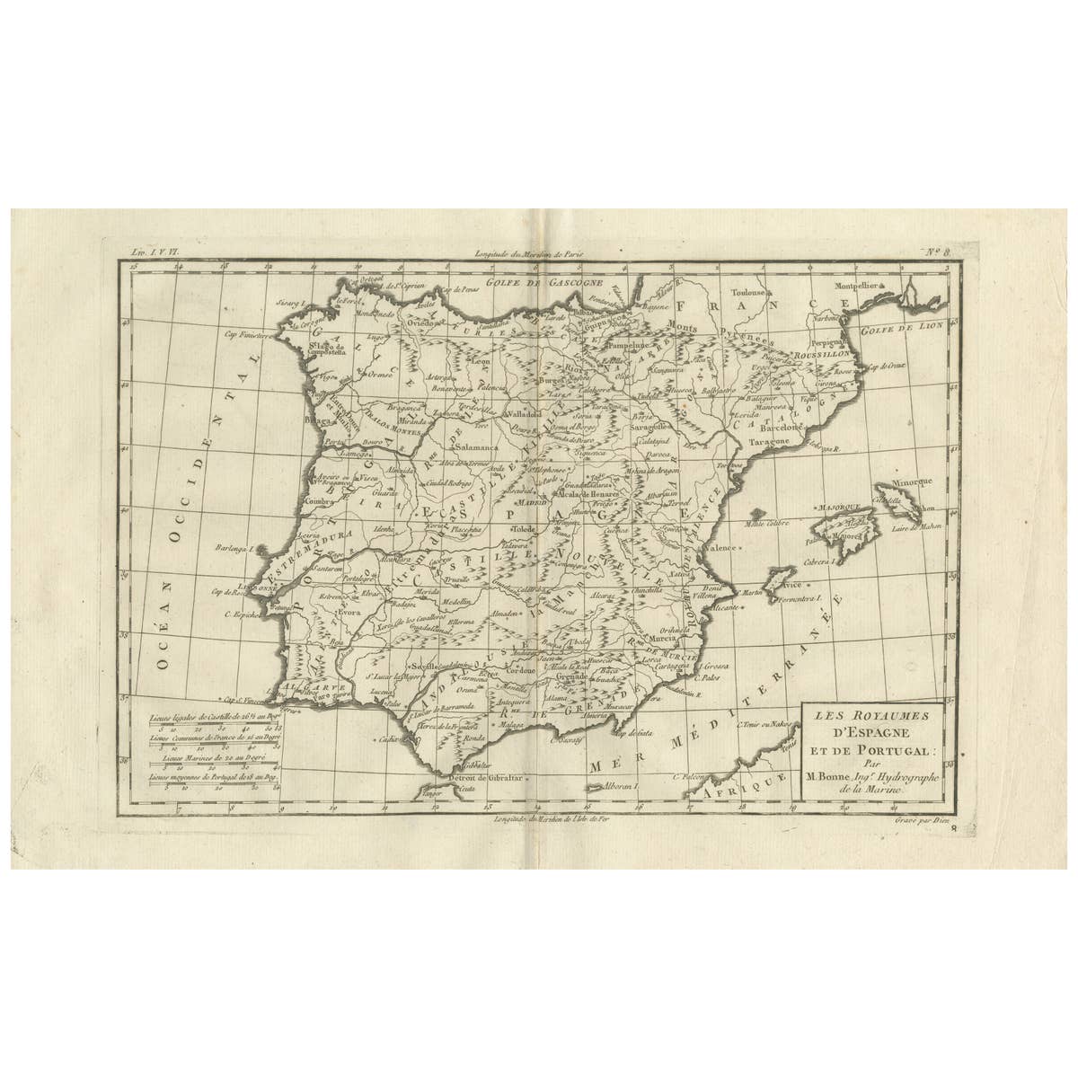 Spain & Portugal Map – Iberian Peninsula by Bonne c.1780