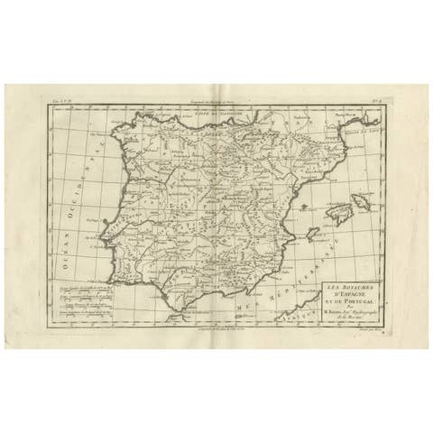 Spain & Portugal Map – Iberian Peninsula by Bonne c.1780