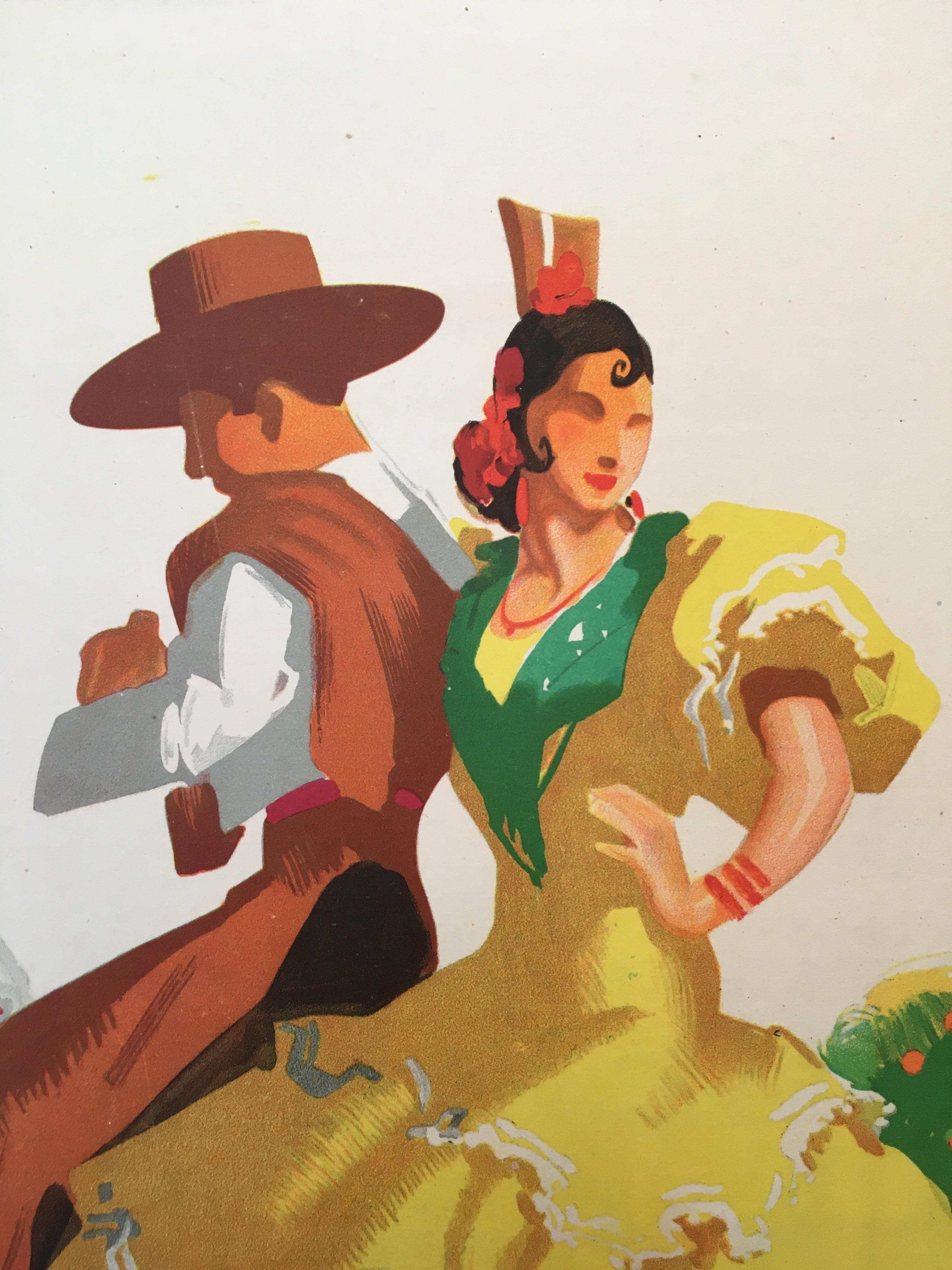 Magnifique affiche touristique des années 1940 faisant la publicité de l'Espagne, cette affiche présente des danseurs de flamenco traditionnels sur des chevaux. Il s'agit d'un superbe poster qui a été recouvert de lin pour le préserver.