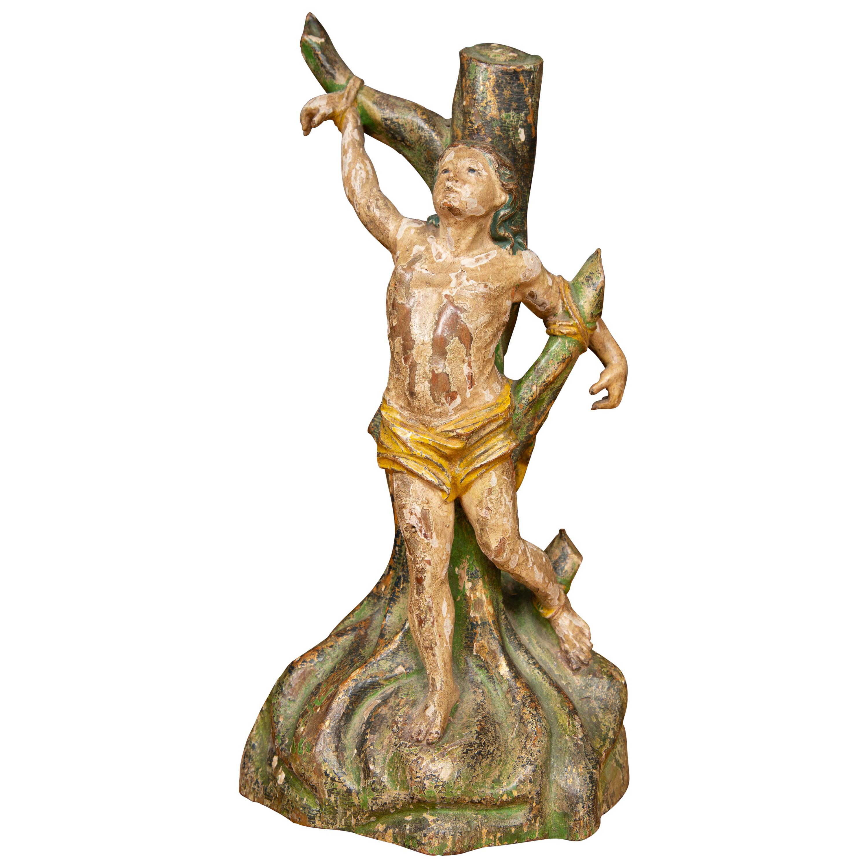 Figura di San Sabastiano intagliata a mano in Spagna nel XVIII secolo in vendita