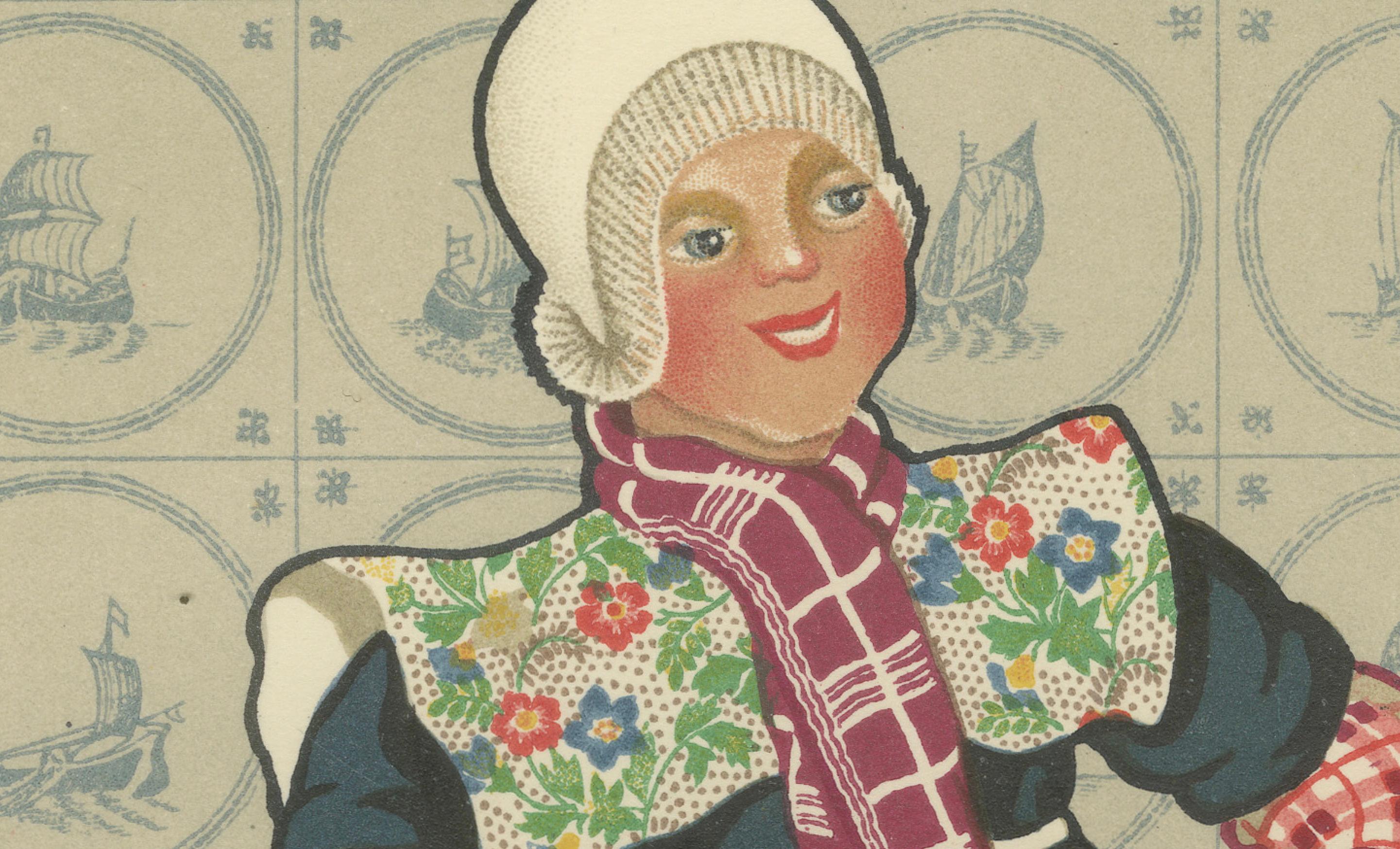 Metà XX secolo Donna di Spakenburg in abito domenicale con bambino - Stampa olandese in costume (1932) in vendita