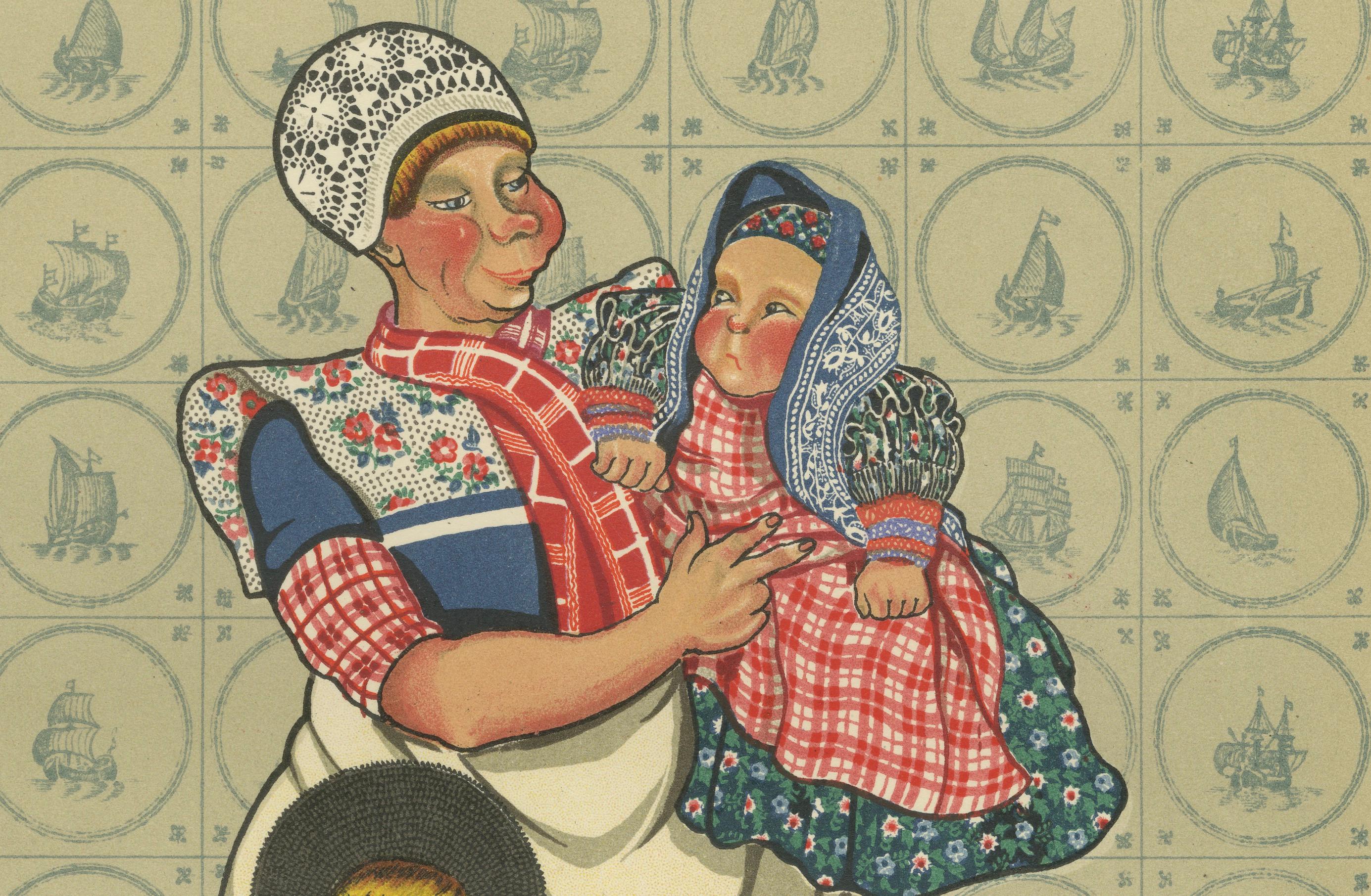 Spakenburg Vestido de trabajo de mujer con niños - Impresión holandesa de trajes 1932 en Bueno estado para la venta en Langweer, NL