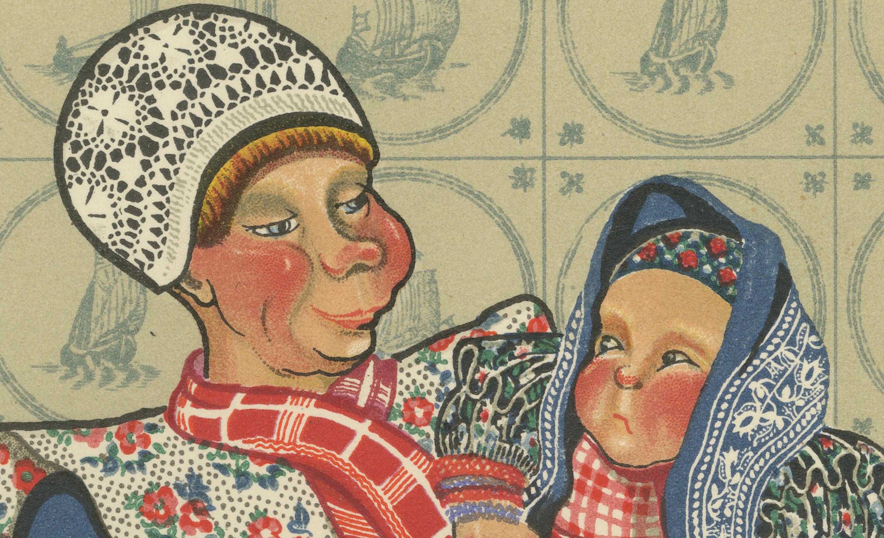 Spakenburg Vestido de trabajo de mujer con niños - Impresión holandesa de trajes 1932 mediados del siglo XX en venta