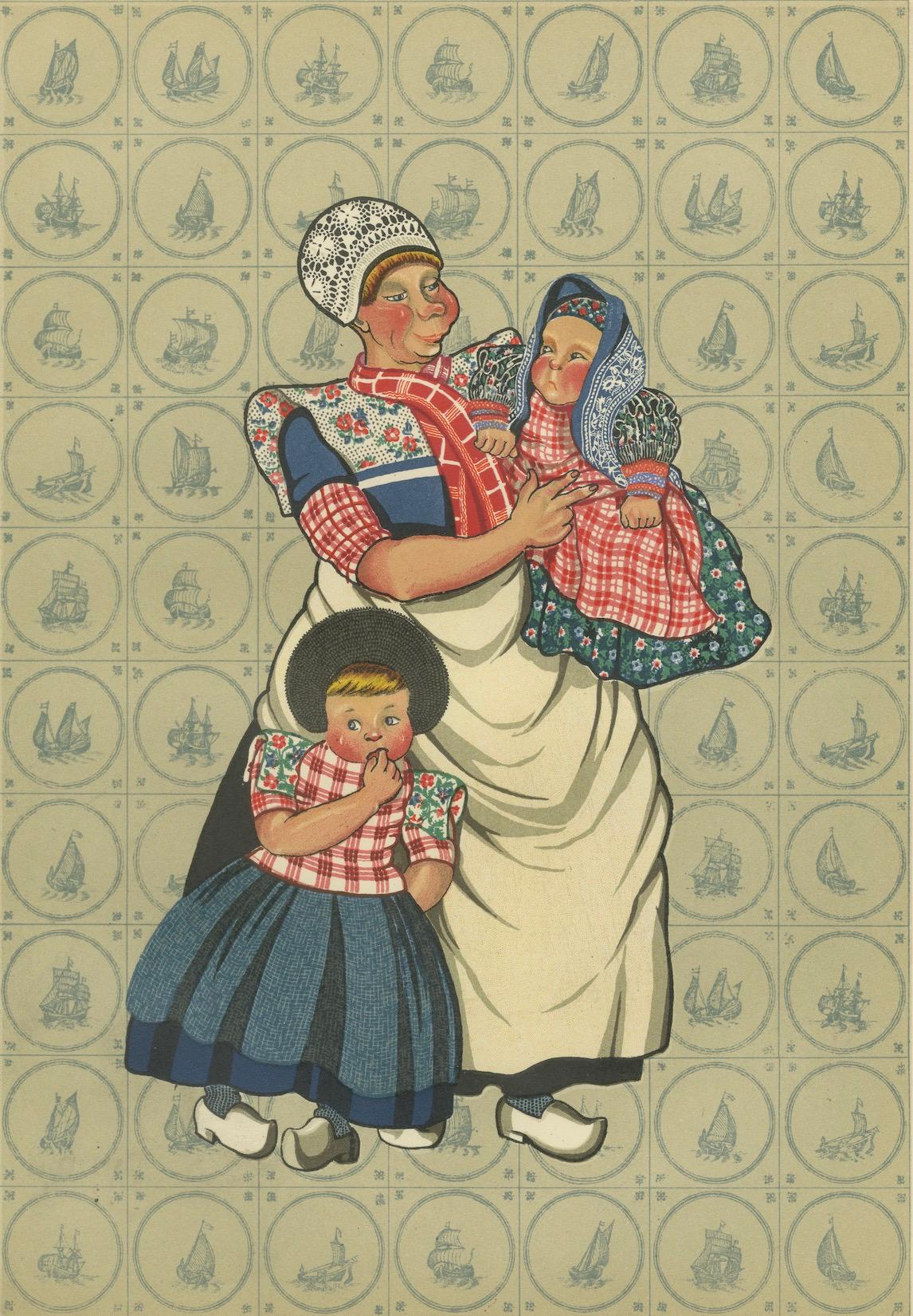 Spakenburg Vestido de trabajo de mujer con niños - Impresión holandesa de trajes 1932 en venta 1