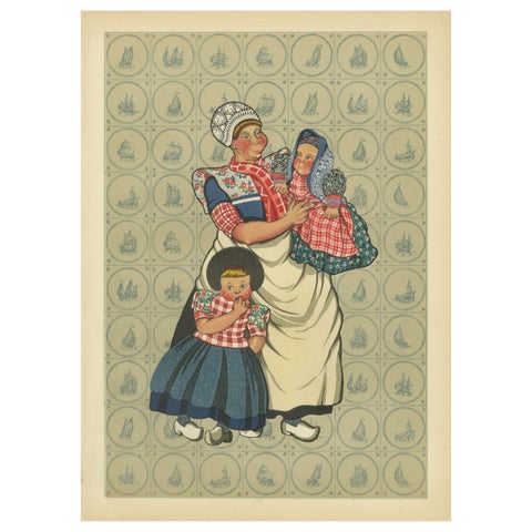 Spakenburg Women’s Working Dress with Children, Dutch Costume Print 1932