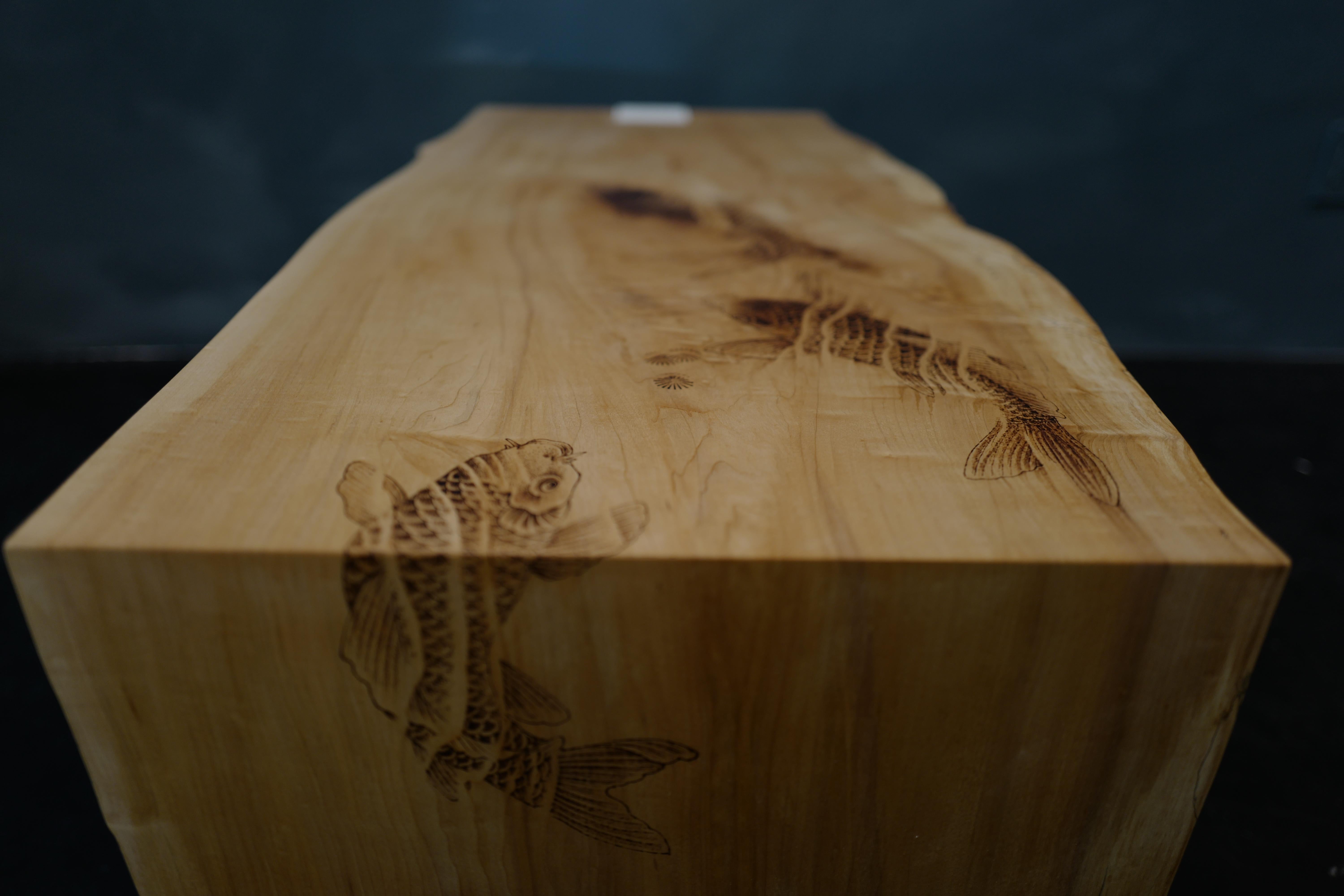 Concrete Spalted Maple Live Edge Coffee Table With Koi Fish Pyrography By Chris Garver For Sale